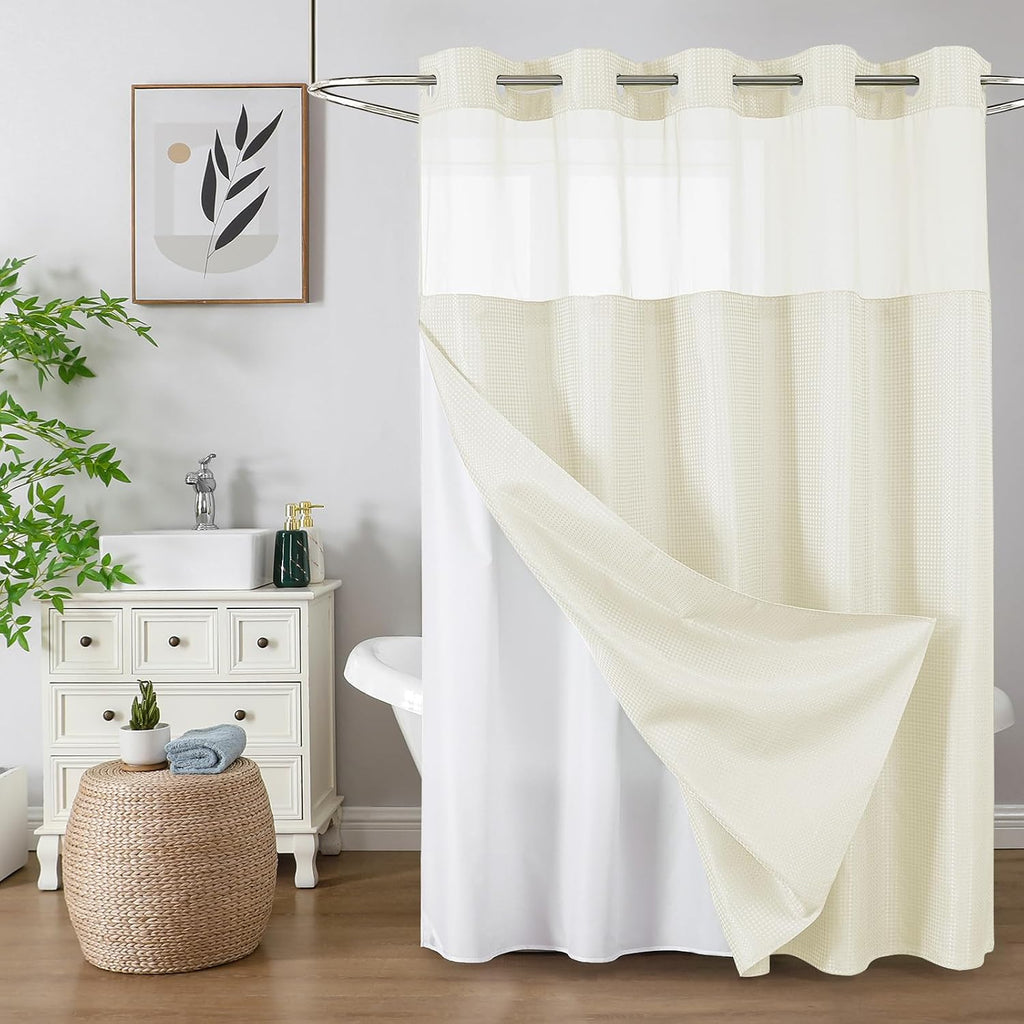 Bathveil No-Hook Shower Curtain Set, Waffle Weave, Mesh Top Window, Waterproof, 72 x 75 in, Sage Green