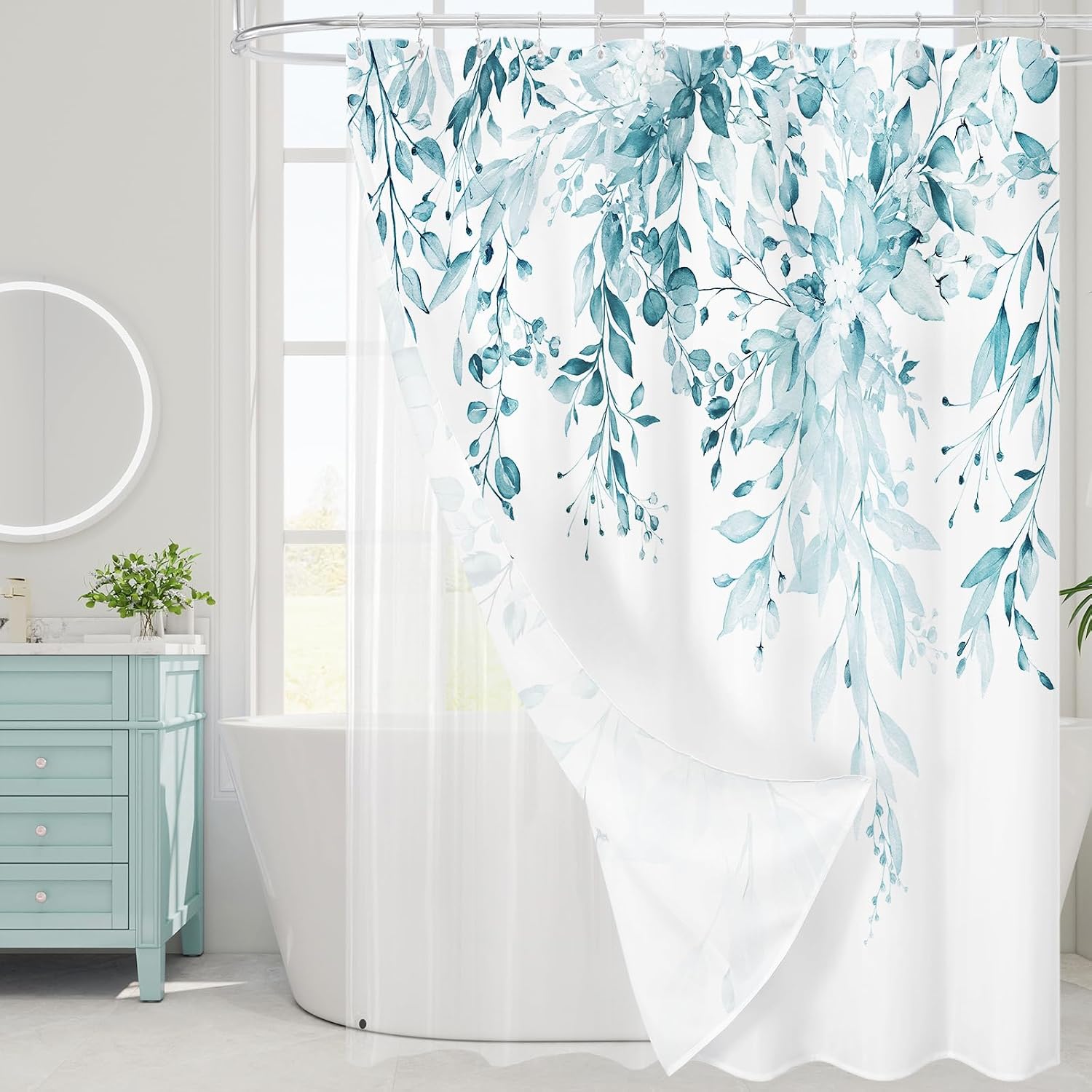 Bathveil Gray Eucalyptus Shower Curtain, Watercolor Plant Floral Design, Gray White, 72 x 72 in
