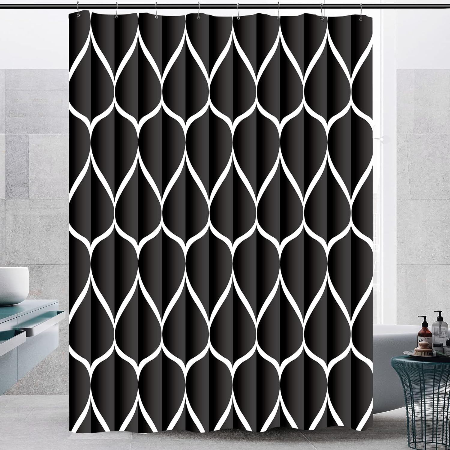 Bathveil Gray Geometric Shower Curtain, Water Repellent, with 12 Hooks, Machine Washable, 72 x 72 in