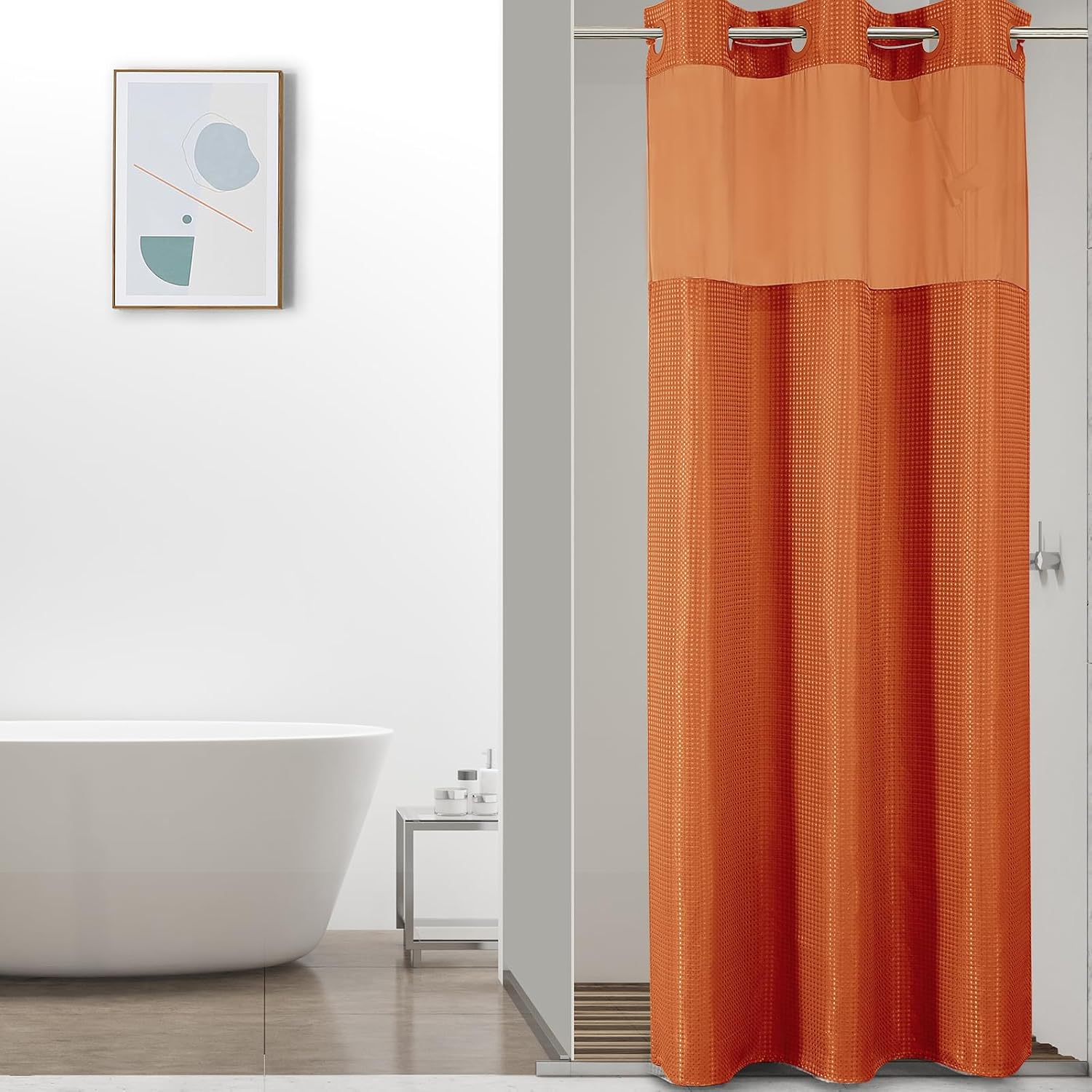 Bathveil No-Hook Shower Curtain Set, Waffle Weave, Mesh Top Window, Waterproof, 72 x 75 in, Sage Green