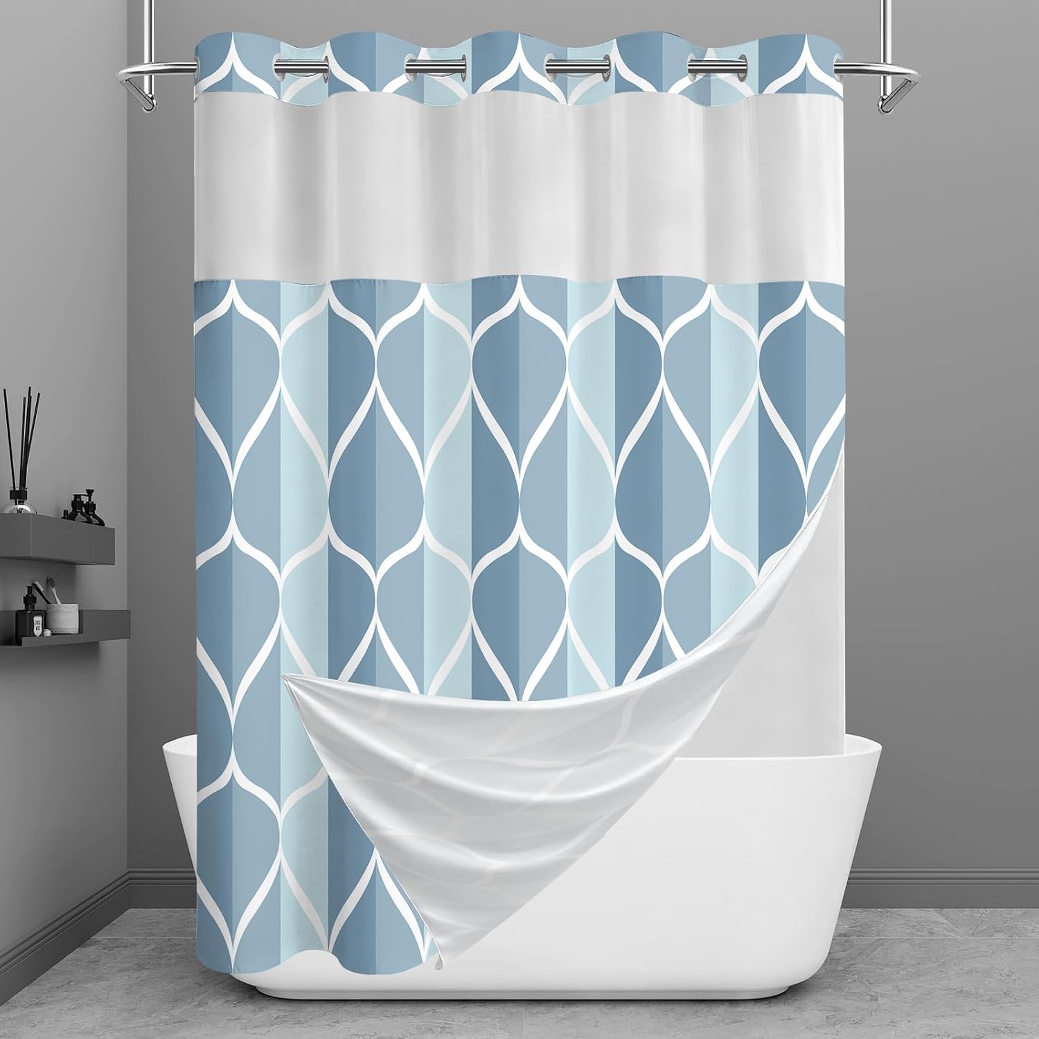 Bathveil Gray Geometric Shower Curtain, Water Repellent, with 12 Hooks, Machine Washable, 72 x 72 in