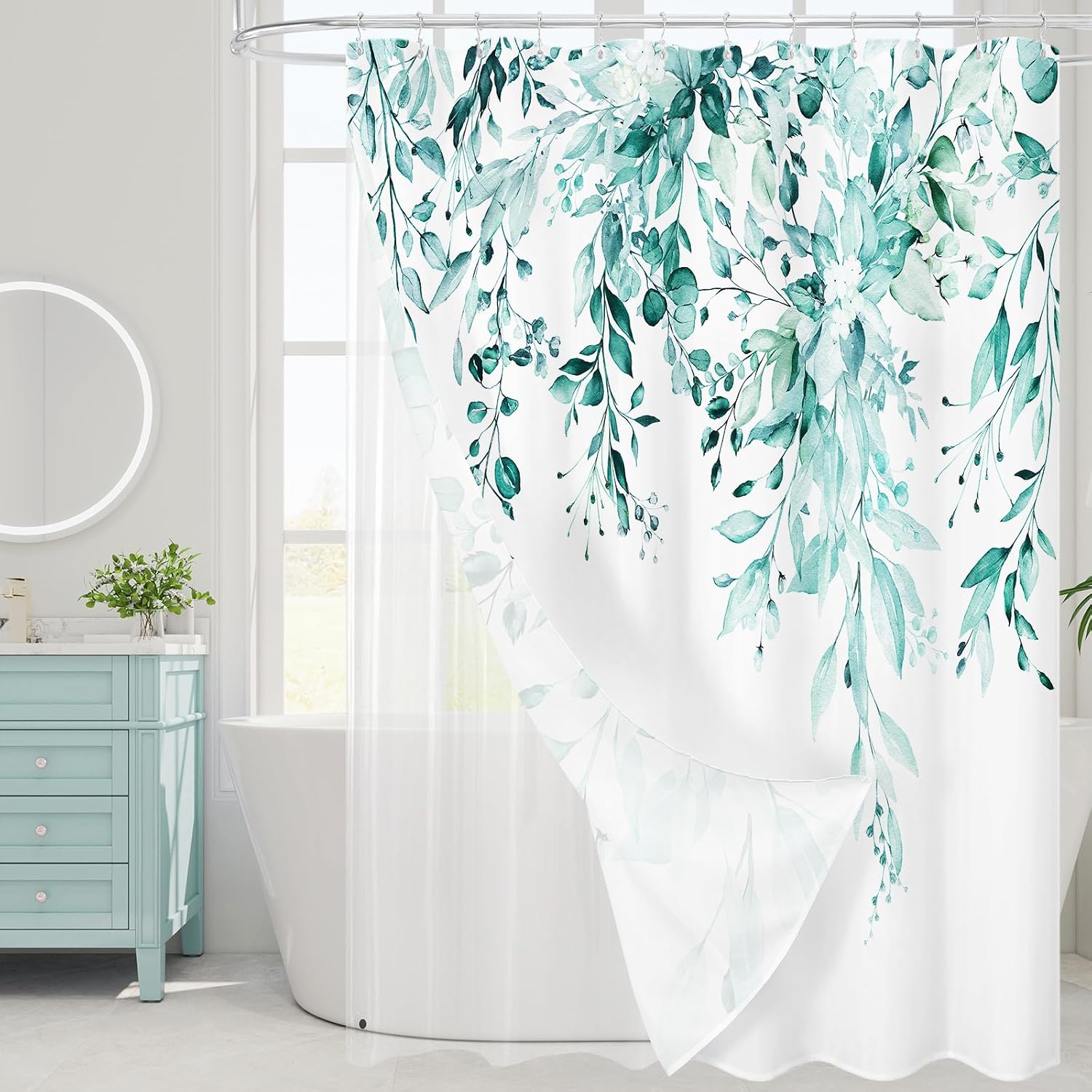 Bathveil Gray Eucalyptus Shower Curtain, Watercolor Plant Floral Design, Gray White, 72 x 72 in