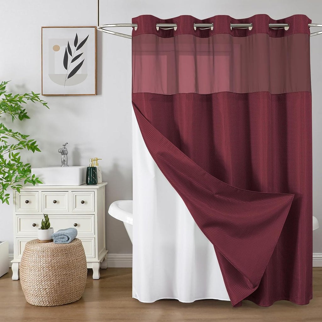 Bathveil No-Hook Shower Curtain Set, Waffle Weave, Mesh Top Window, Waterproof, 72 x 75 in, Sage Green