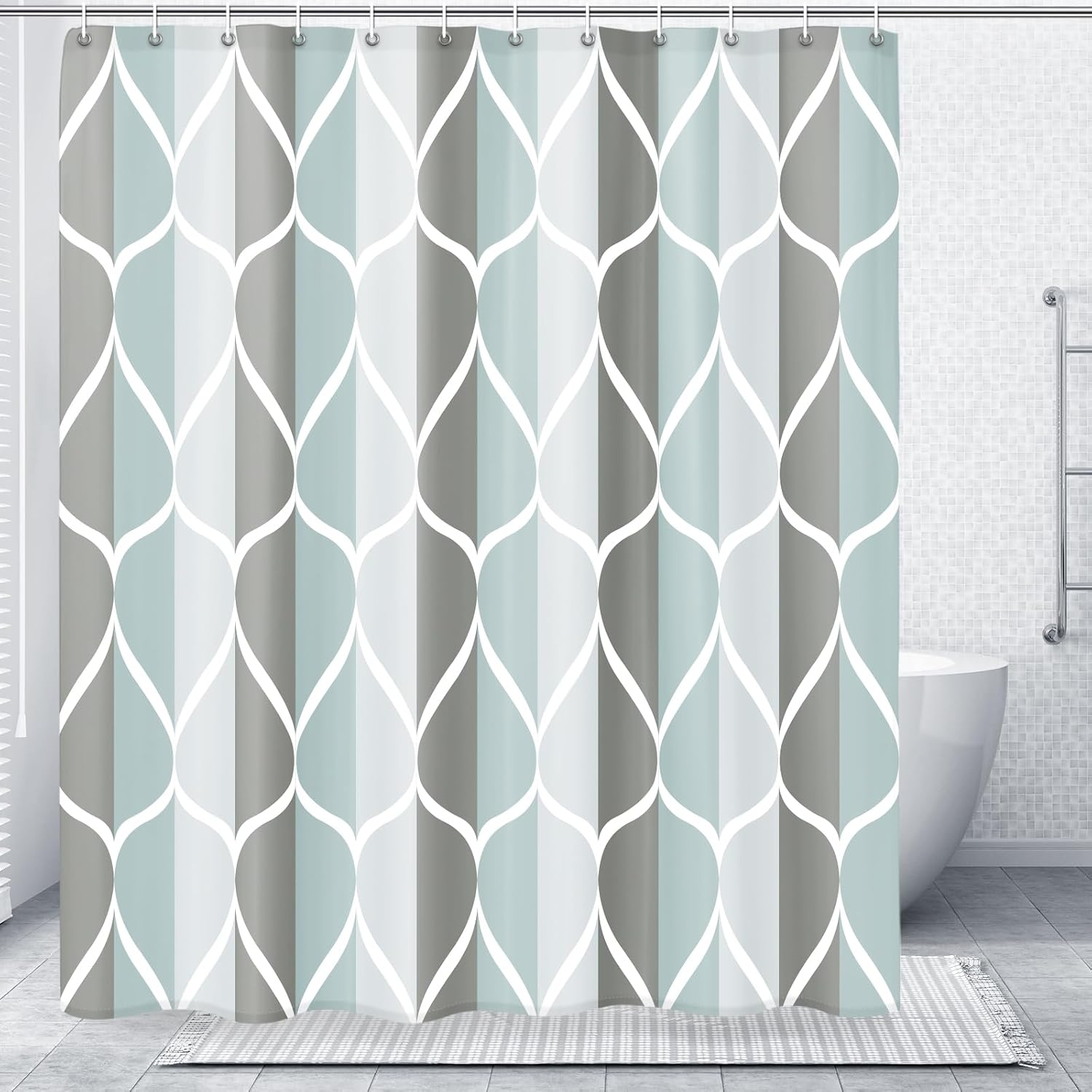 Bathveil Gray Geometric Shower Curtain, Water Repellent, with 12 Hooks, Machine Washable, 72 x 72 in