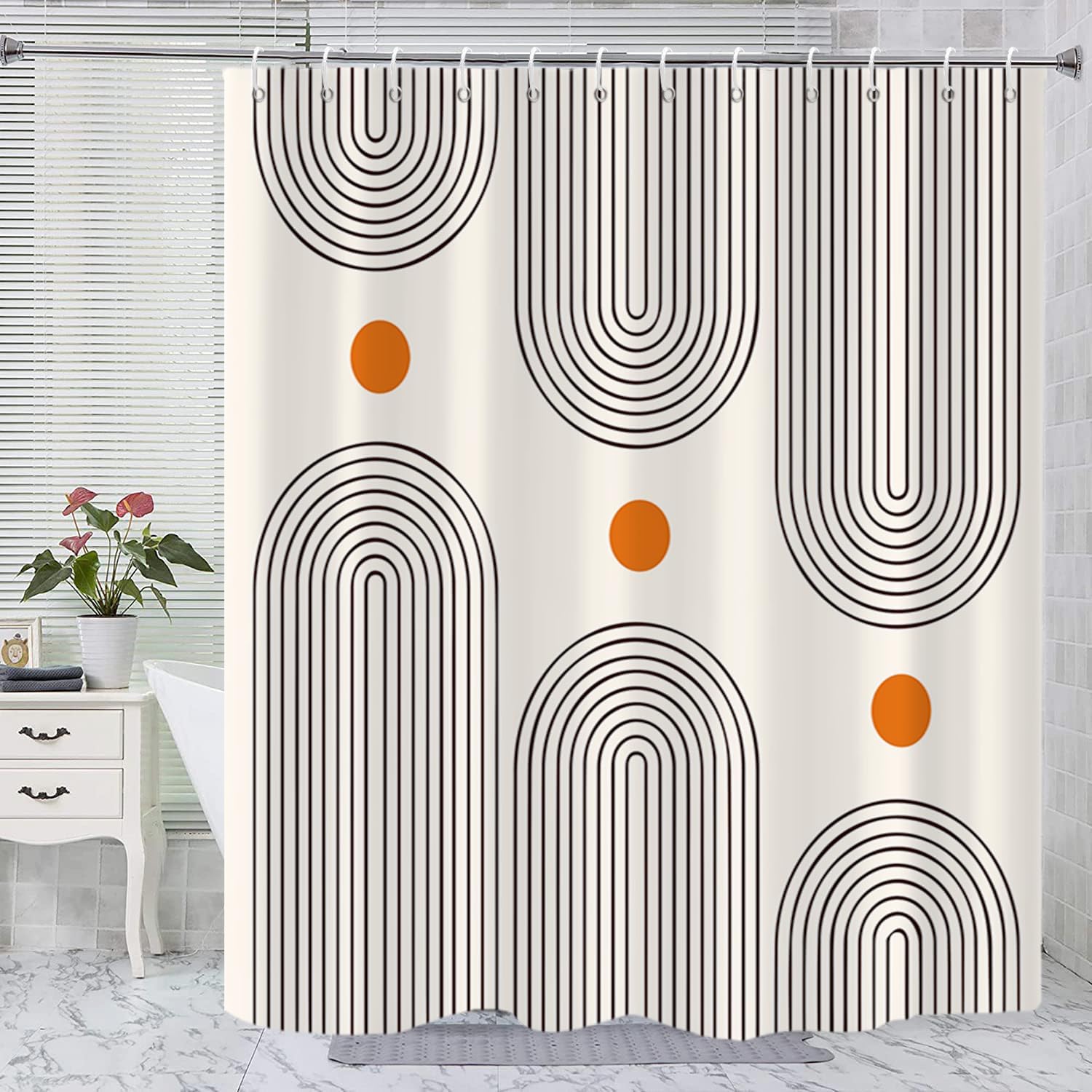 Bathveil Boho Minimalist Shower Curtain, Abstract Arch Sun Design, Waterproof Machine Washable, 72 x 72 in