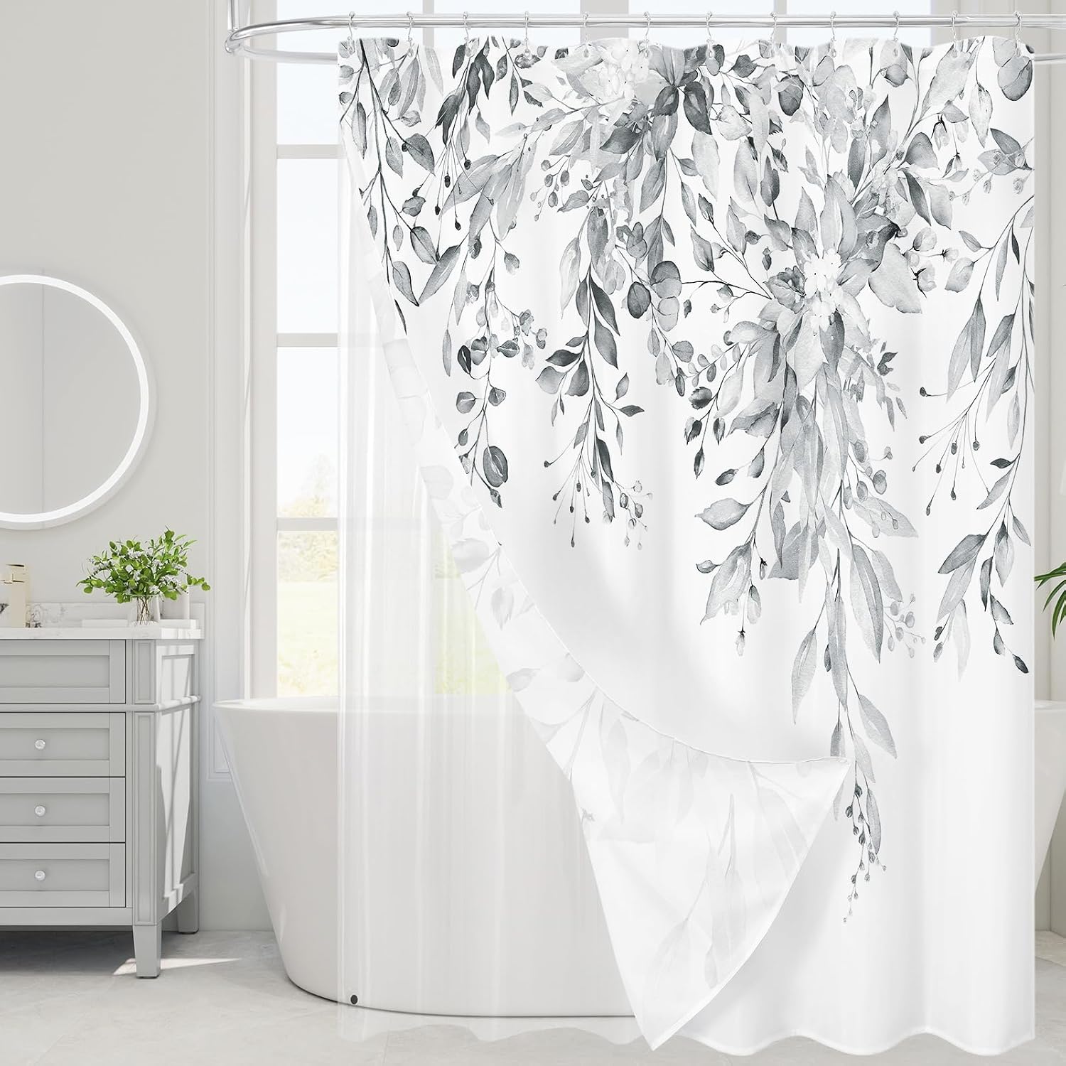 Bathveil Gray Eucalyptus Shower Curtain, Watercolor Plant Floral Design, Gray White, 72 x 72 in