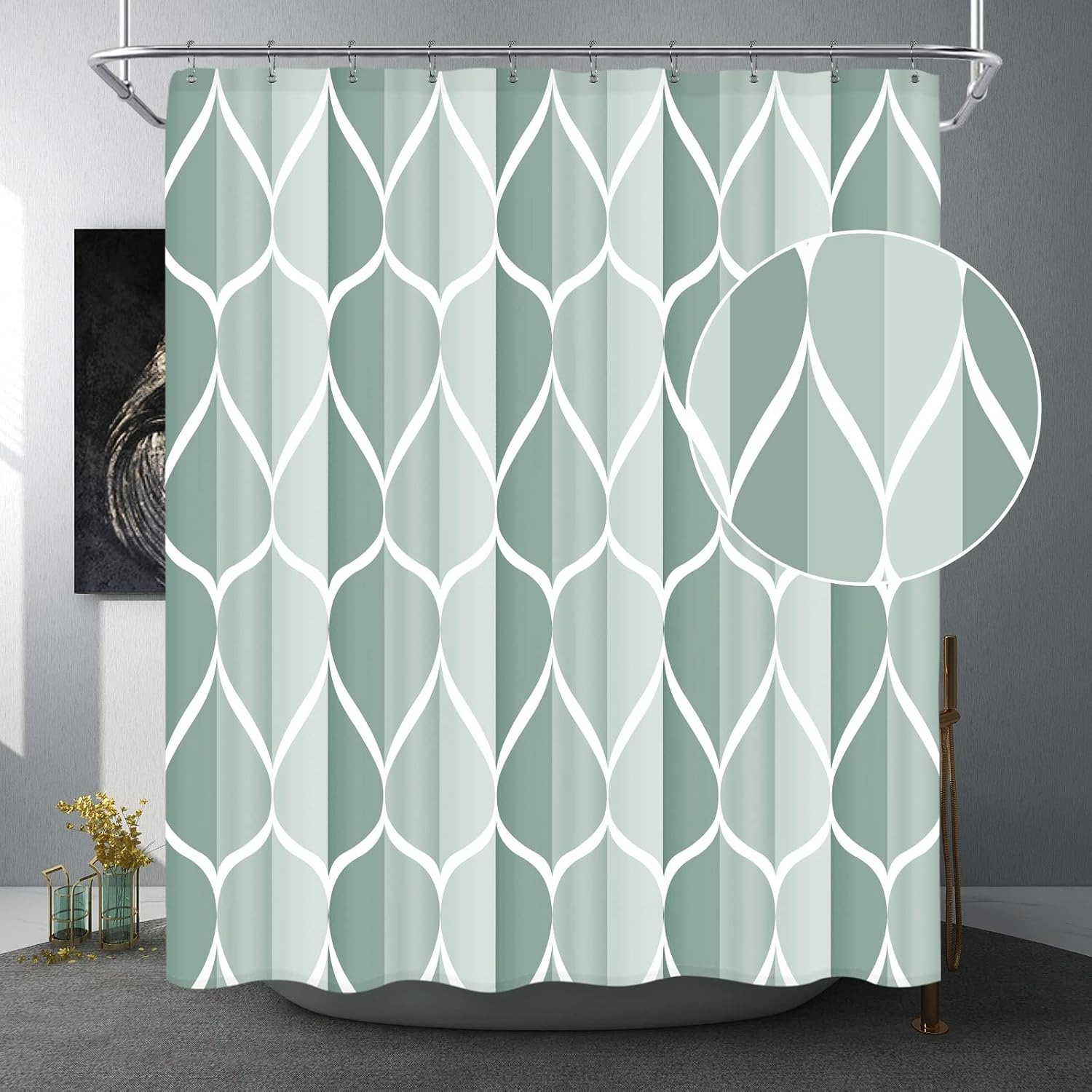 Bathveil Gray Geometric Shower Curtain, Water Repellent, with 12 Hooks, Machine Washable, 72 x 72 in