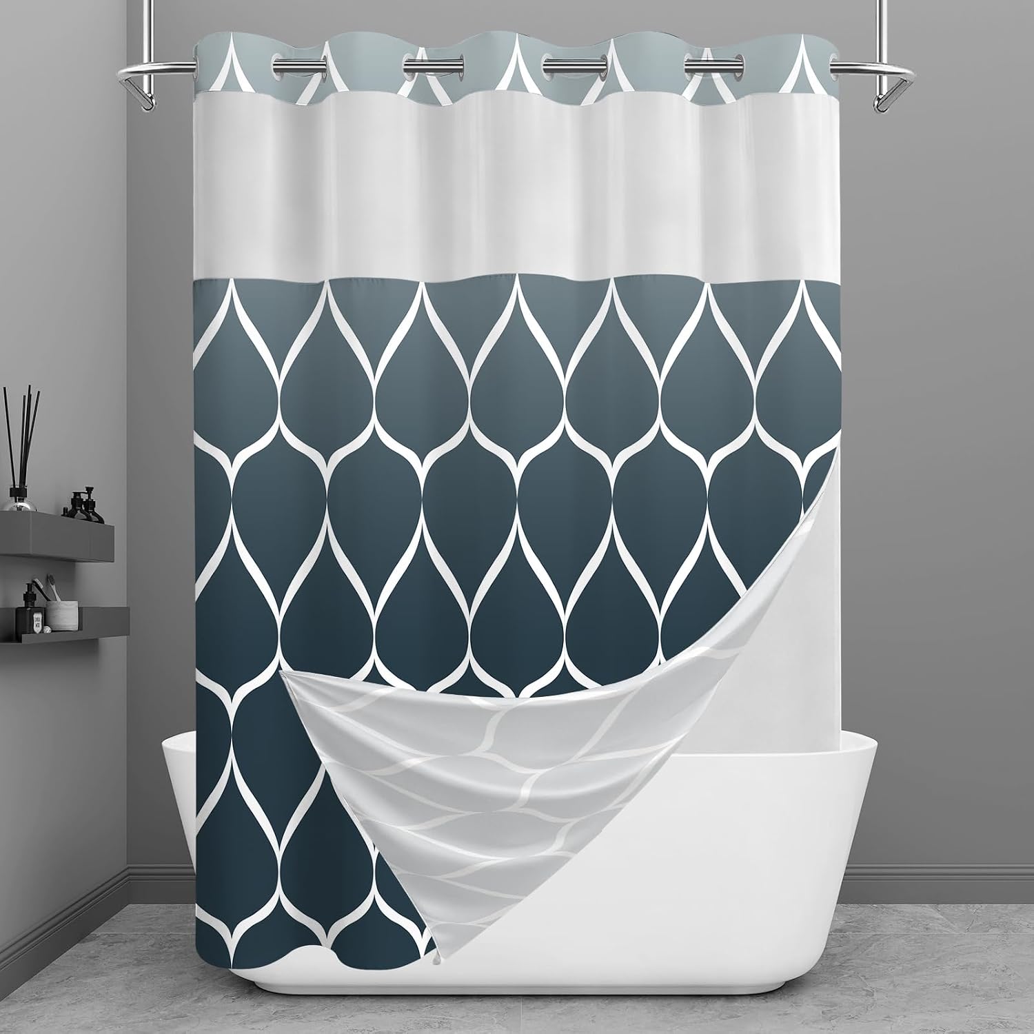 Bathveil Gray Geometric Shower Curtain, Water Repellent, with 12 Hooks, Machine Washable, 72 x 72 in