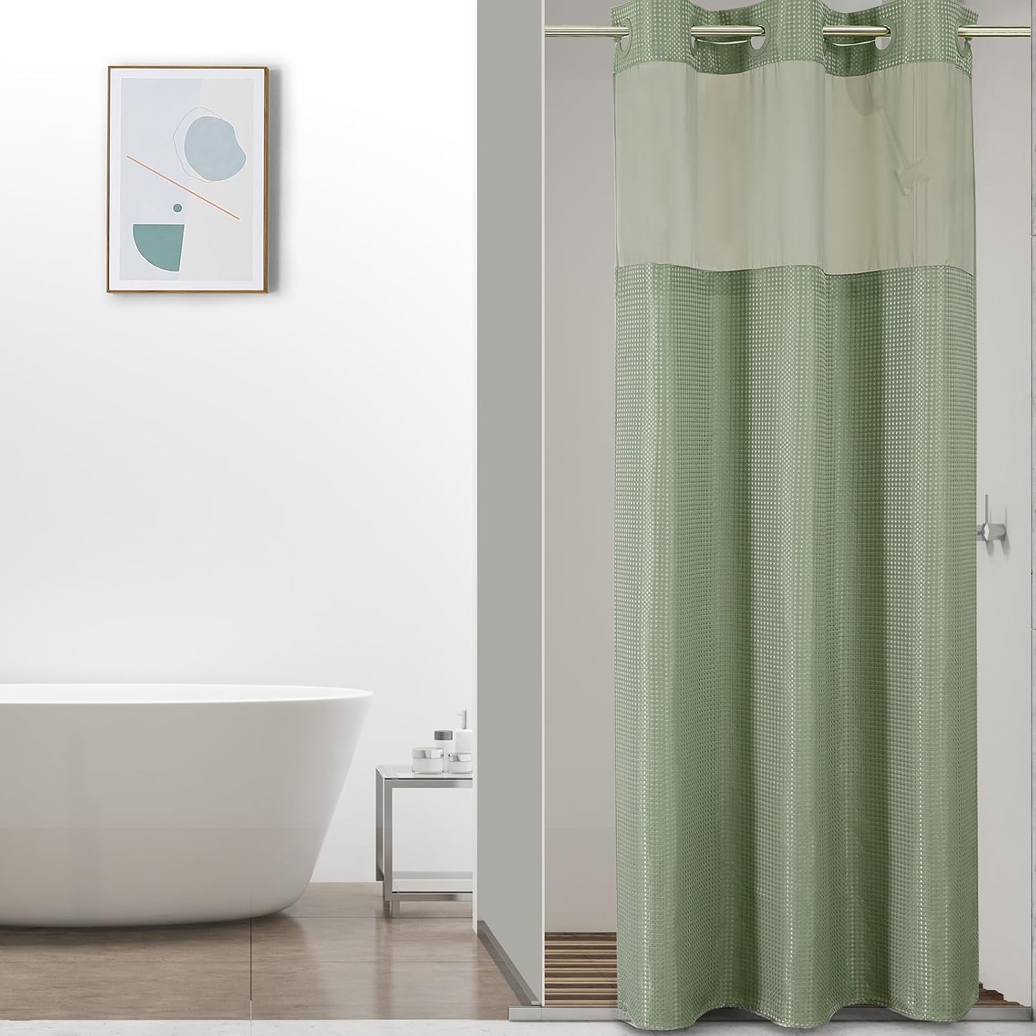 Bathveil No-Hook Shower Curtain Set, Waffle Weave, Mesh Top Window, Waterproof, 72 x 75 in, Sage Green