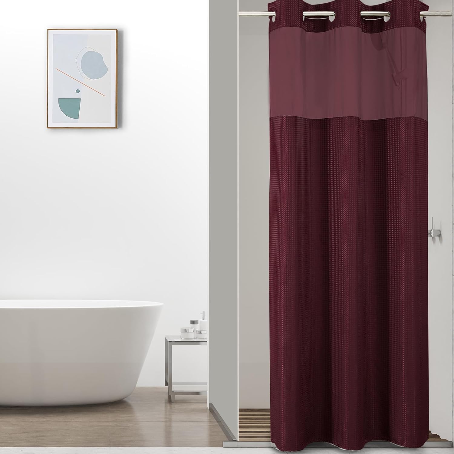 Bathveil No-Hook Shower Curtain Set, Waffle Weave, Mesh Top Window, Waterproof, 72 x 75 in, Sage Green
