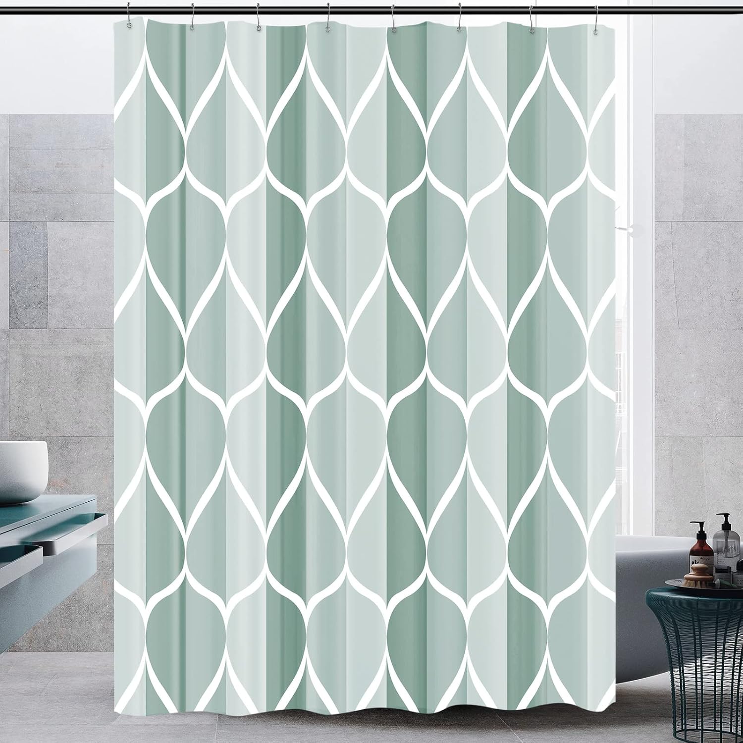 Bathveil Gray Geometric Shower Curtain, Water Repellent, with 12 Hooks, Machine Washable, 72 x 72 in