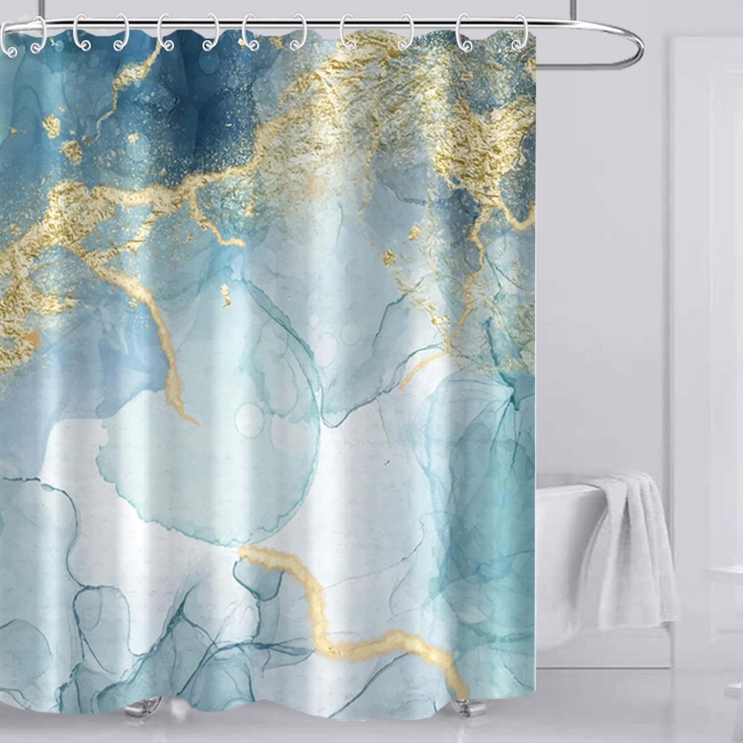 Bathveil Blue Marble Shower Curtain, Waterproof Washable, with Hooks, 72 x 72 in