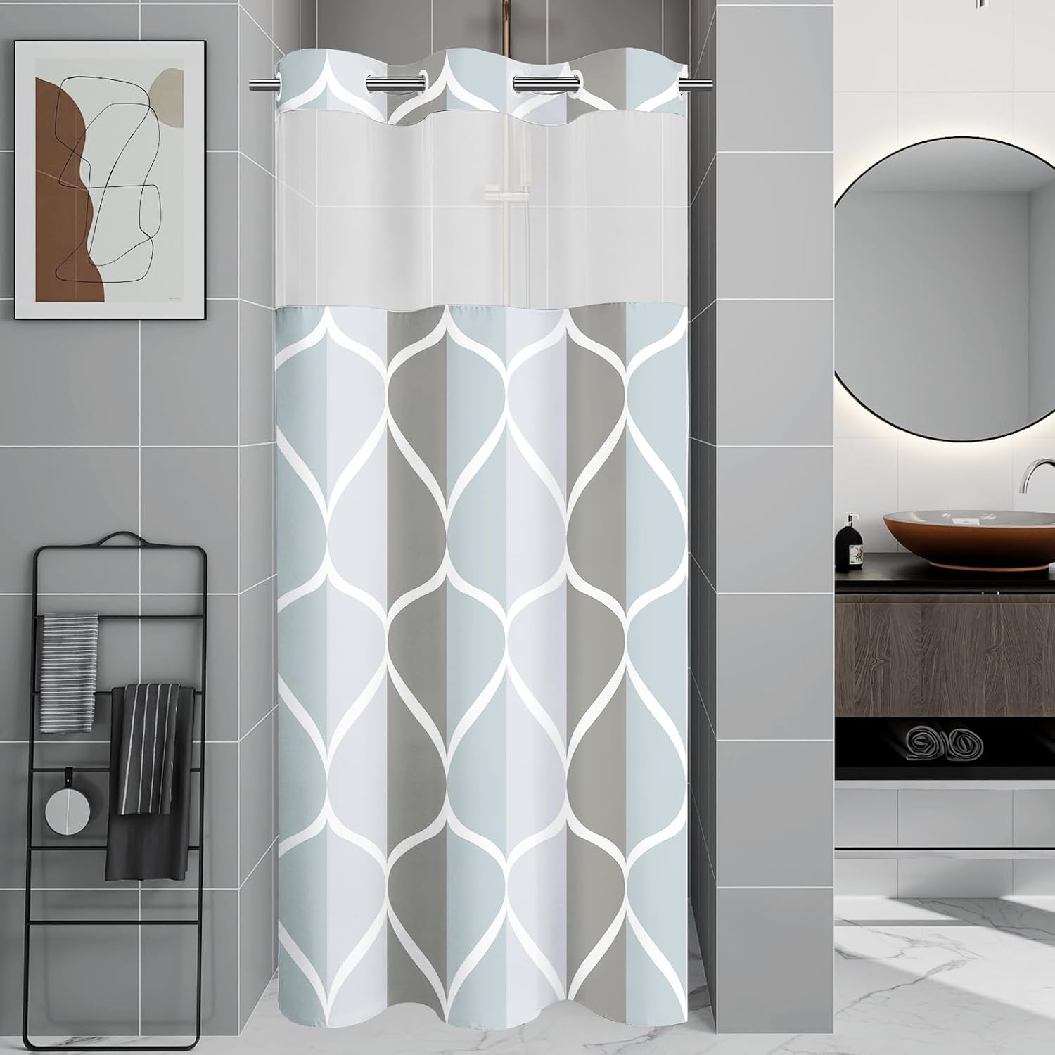 Bathveil Gray Geometric Shower Curtain, Water Repellent, with 12 Hooks, Machine Washable, 72 x 72 in
