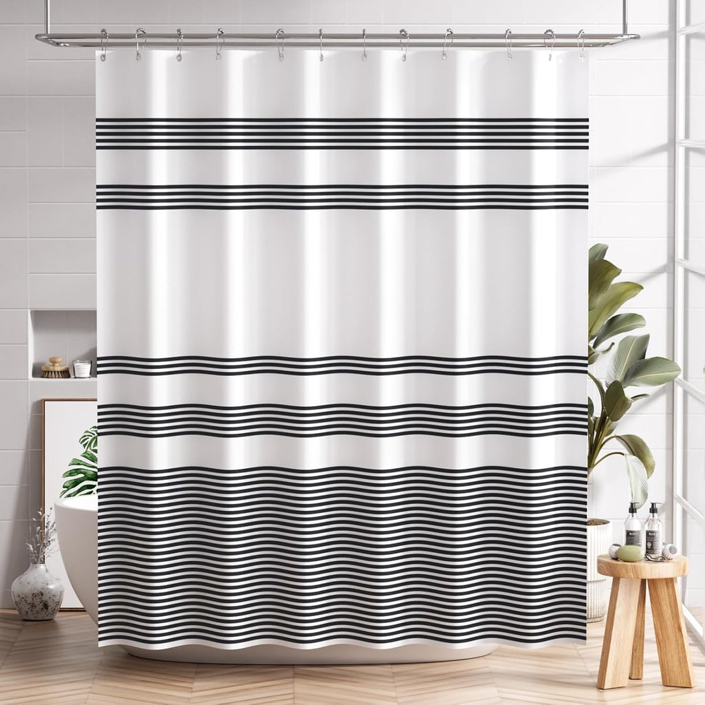 Bathveil Black White Striped Shower Curtain Farmhouse Washable with Hooks