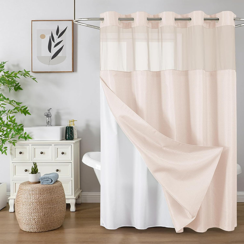 Bathveil No-Hook Shower Curtain Set, Waffle Weave, Mesh Top Window, Waterproof, 72 x 75 in, Sage Green