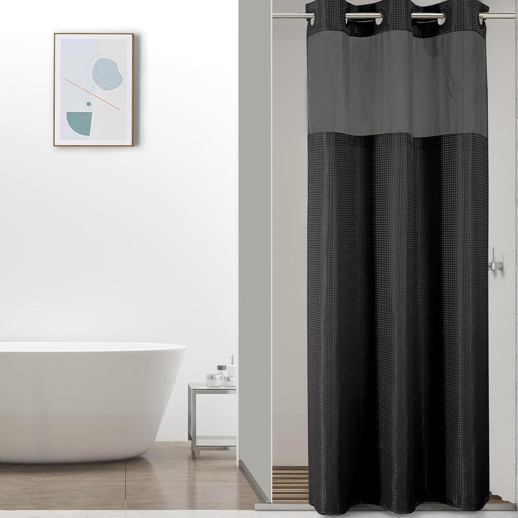 Bathveil No-Hook Shower Curtain Set, Waffle Weave, Mesh Top Window, Waterproof, 72 x 75 in, Sage Green