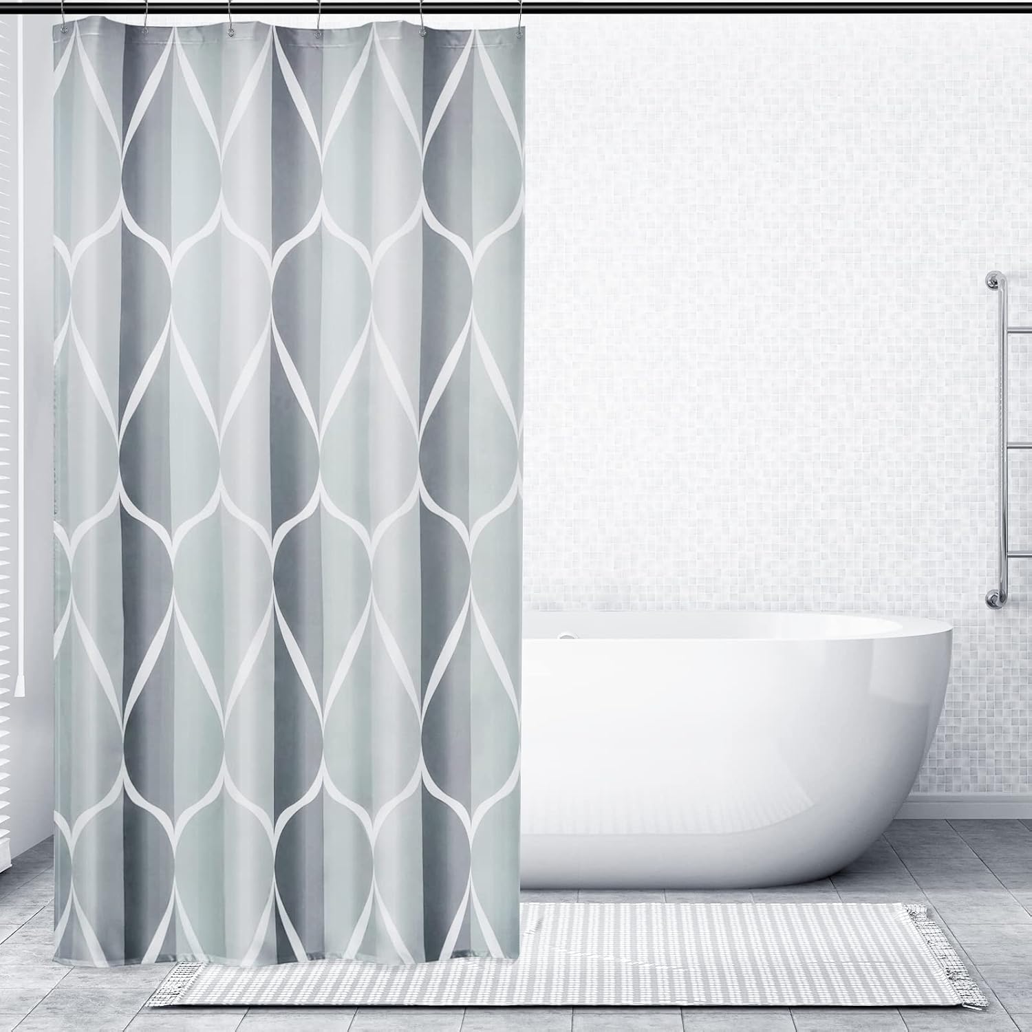 Bathveil Gray Geometric Shower Curtain, Water Repellent, with 12 Hooks, Machine Washable, 72 x 72 in