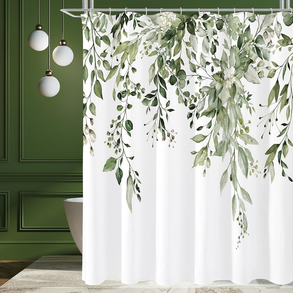 Bathveil Gray Eucalyptus Shower Curtain, Watercolor Plant Floral Design, Gray White, 72 x 72 in