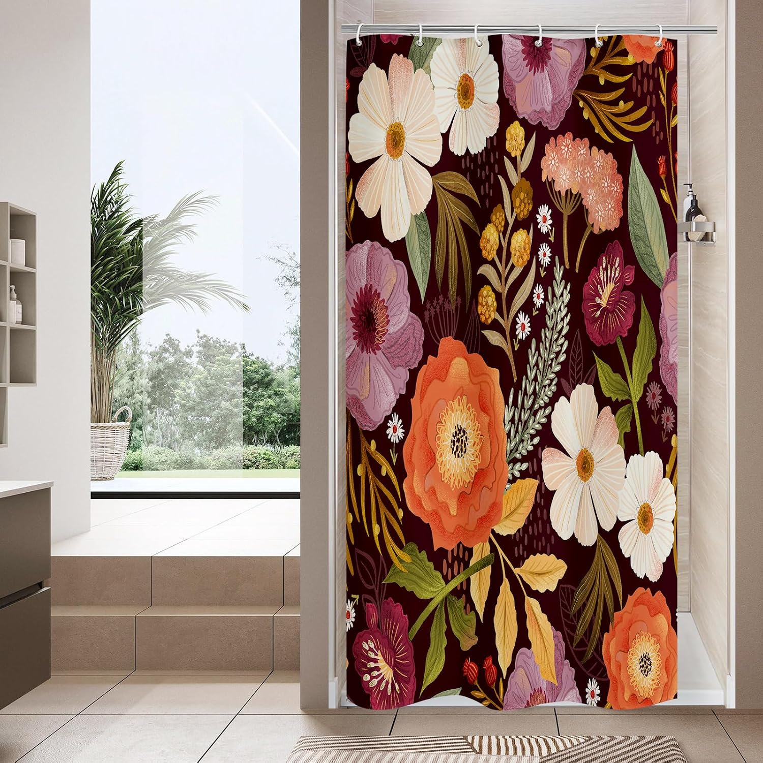Bathveil Boho Floral Shower Curtain, Colorful Abstract Flower Pattern, 72 x 72 in