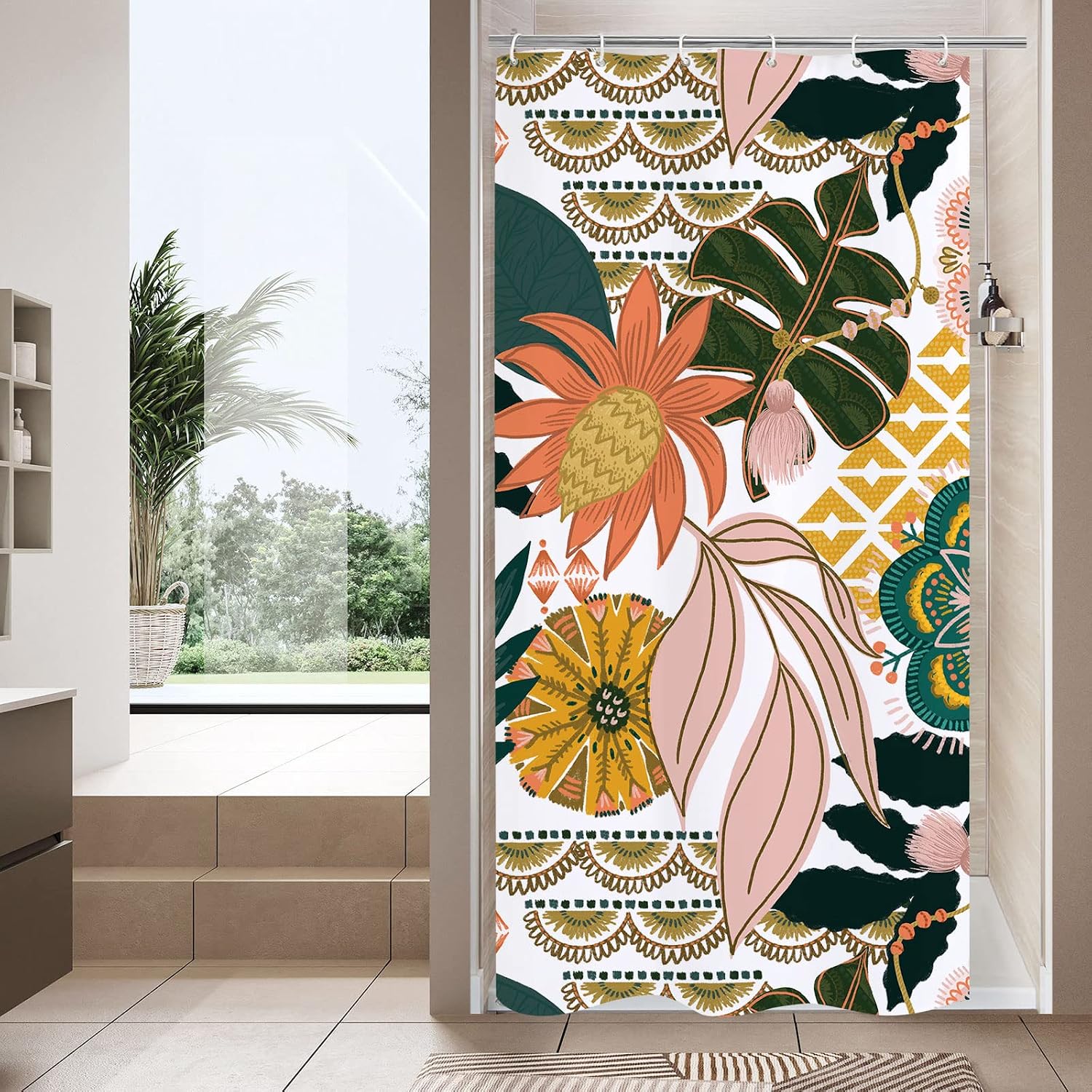 Bathveil Boho Floral Shower Curtain, Colorful Abstract Flower Pattern, 72 x 72 in