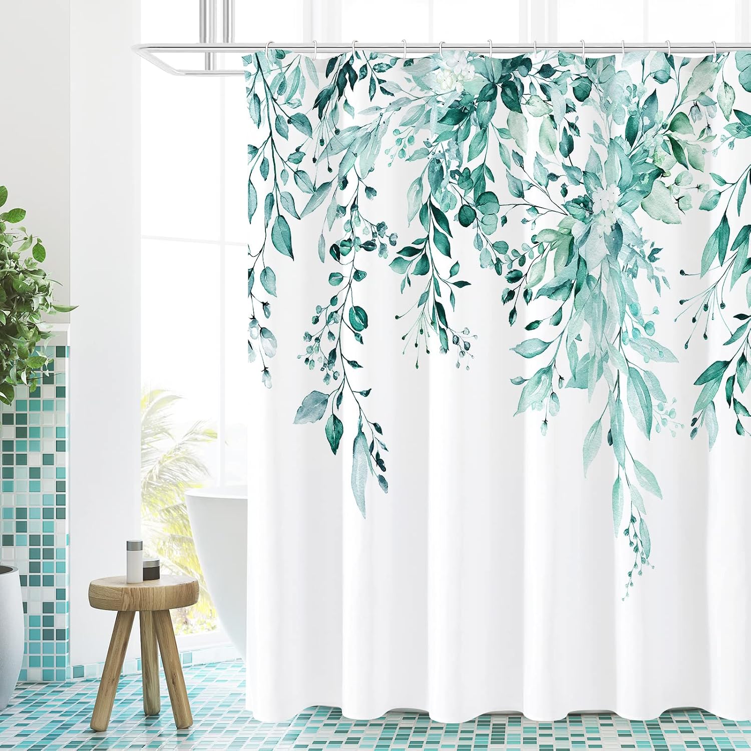 Bathveil Gray Eucalyptus Shower Curtain, Watercolor Plant Floral Design, Gray White, 72 x 72 in