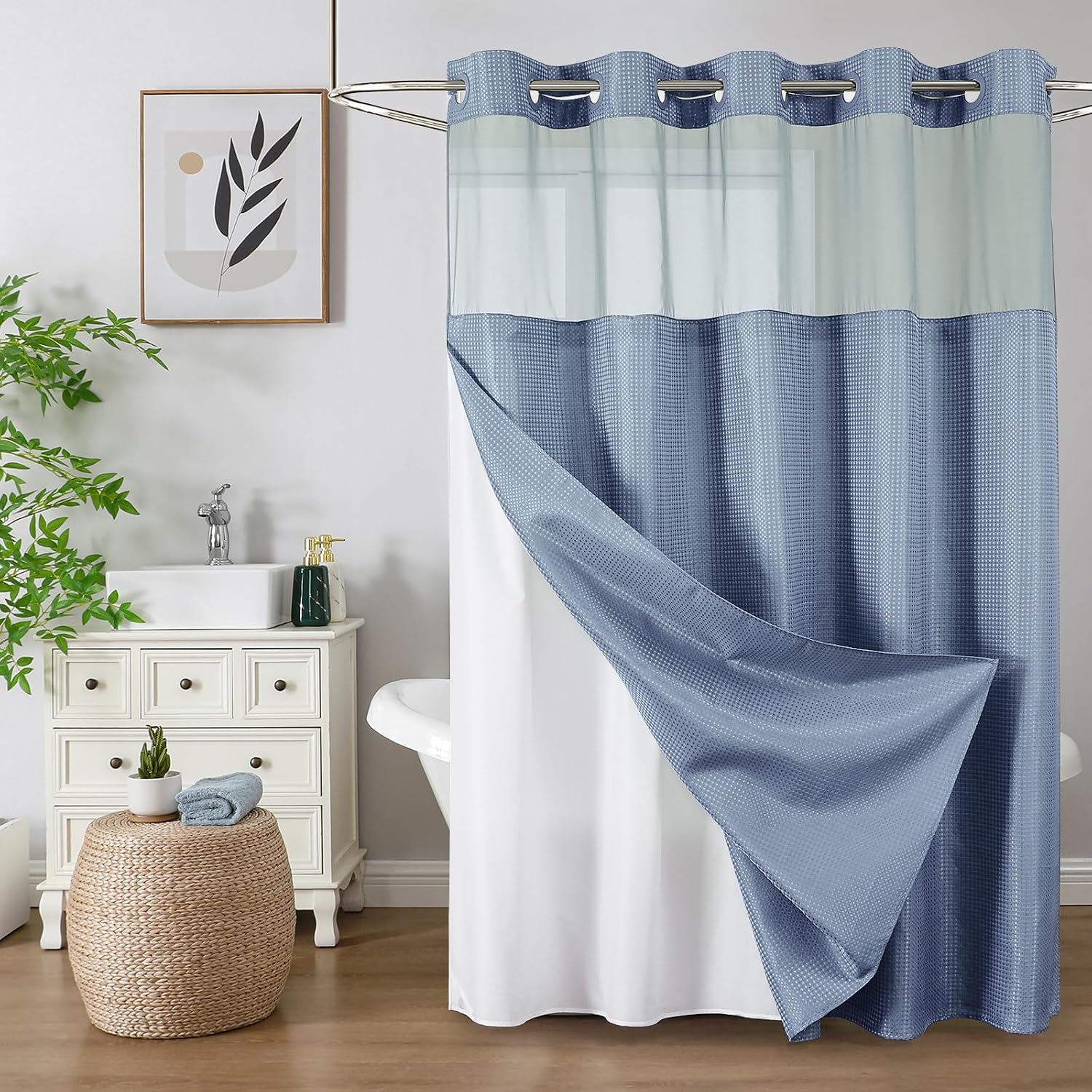Bathveil No-Hook Shower Curtain Set, Waffle Weave, Mesh Top Window, Waterproof, 72 x 75 in, Sage Green