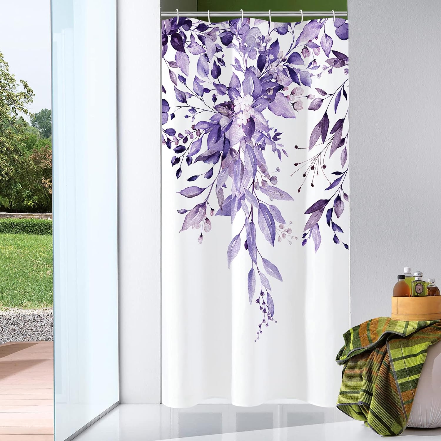 Bathveil Gray Eucalyptus Shower Curtain, Watercolor Plant Floral Design, Gray White, 72 x 72 in