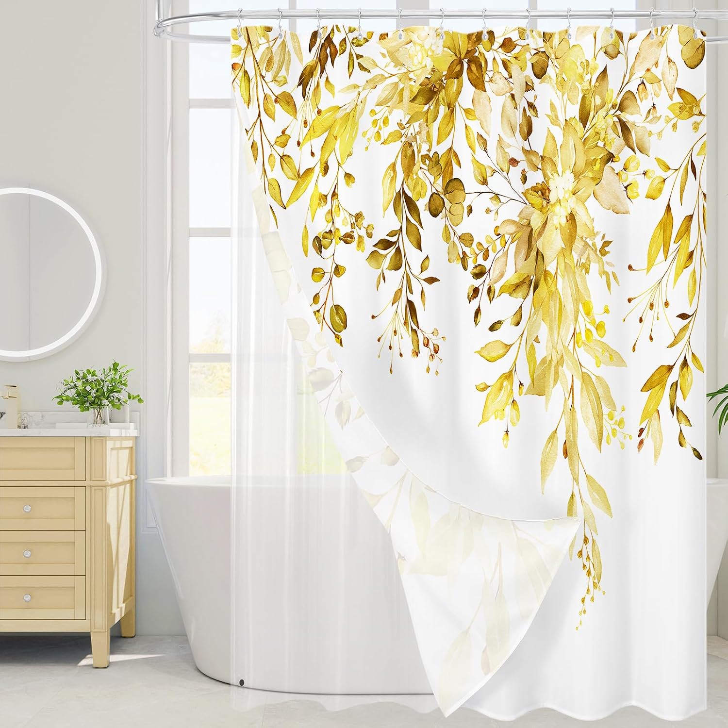 Bathveil Gray Eucalyptus Shower Curtain, Watercolor Plant Floral Design, Gray White, 72 x 72 in