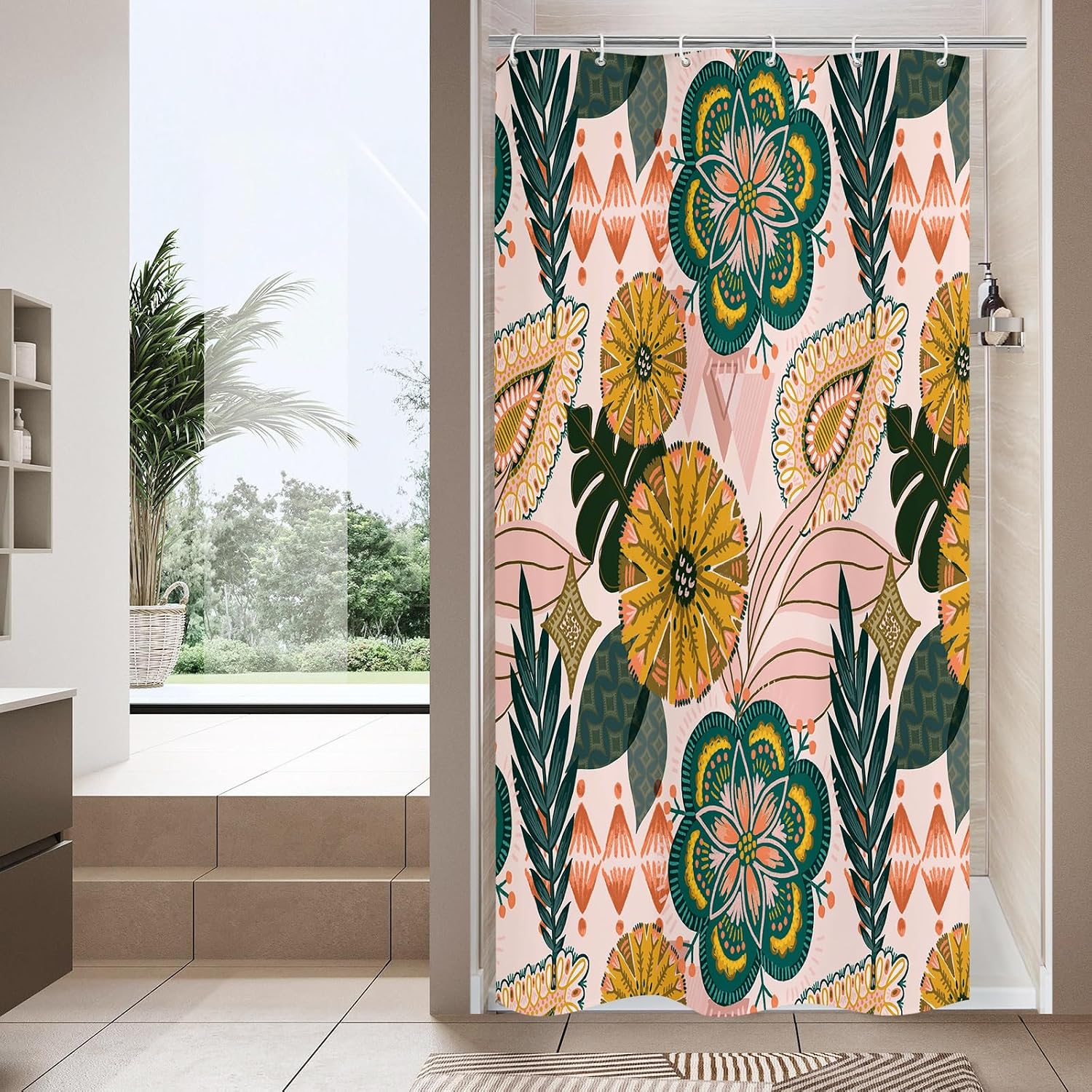 Bathveil Boho Floral Shower Curtain, Colorful Abstract Flower Pattern, 72 x 72 in