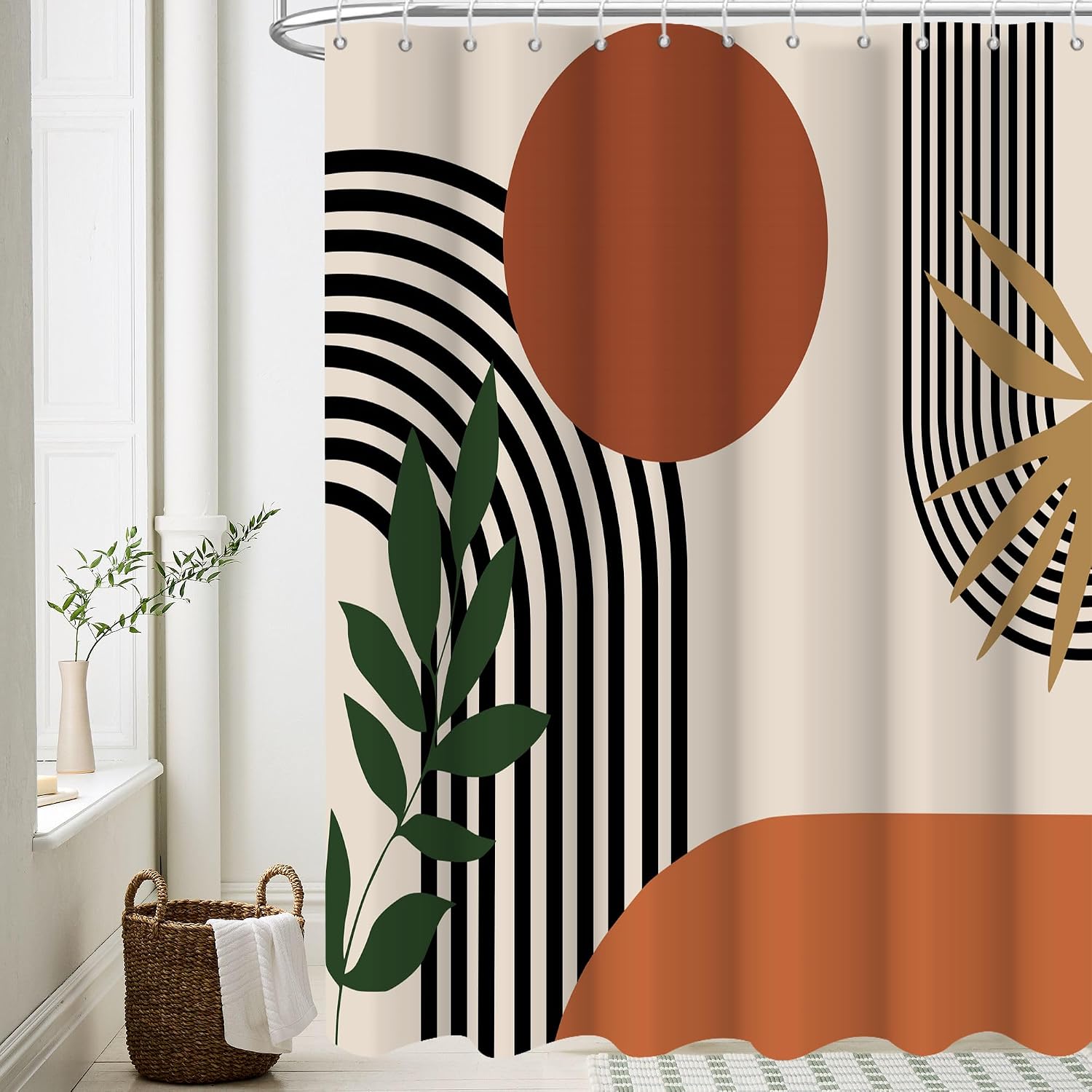 Bathveil Boho Minimalist Shower Curtain, Abstract Arch Sun Design, Waterproof Machine Washable, 72 x 72 in