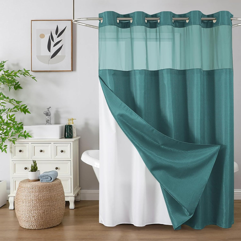 Bathveil No-Hook Shower Curtain Set, Waffle Weave, Mesh Top Window, Waterproof, 72 x 75 in, Sage Green