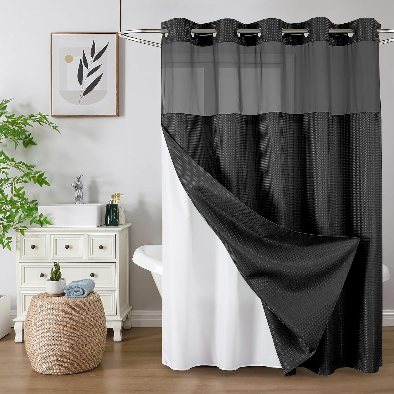 Bathveil No-Hook Shower Curtain Set, Waffle Weave, Mesh Top Window, Waterproof, 72 x 75 in, Sage Green