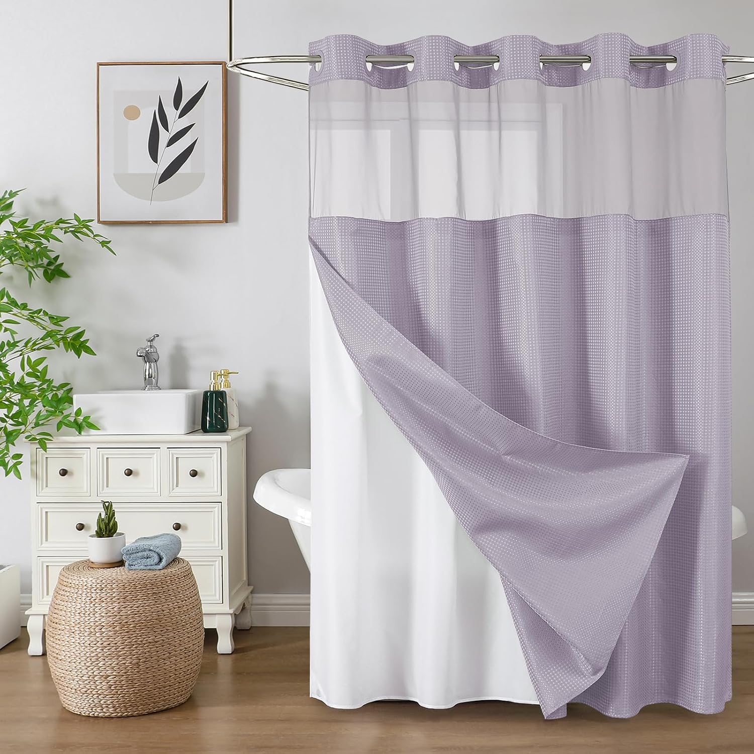 Bathveil No-Hook Shower Curtain Set, Waffle Weave, Mesh Top Window, Waterproof, 72 x 75 in, Sage Green