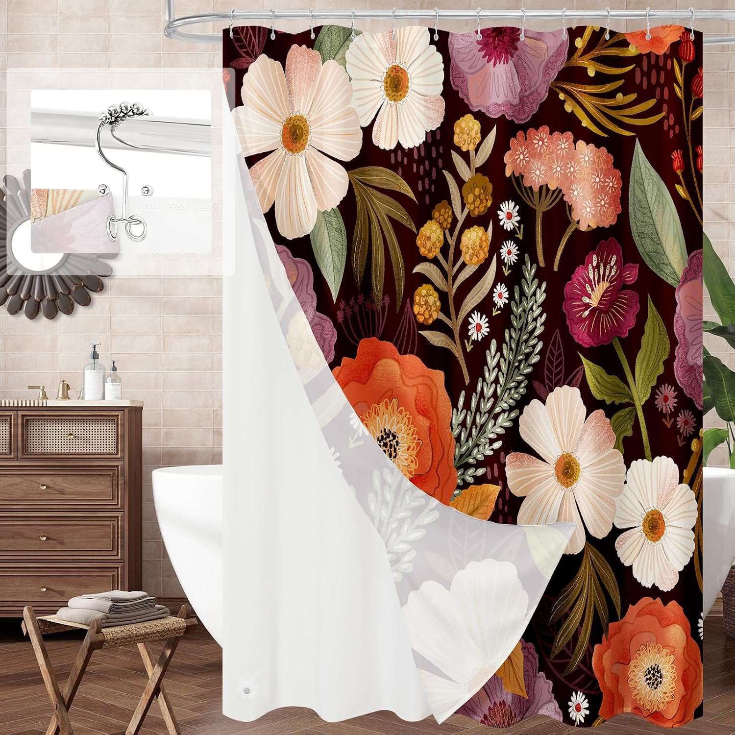 Bathveil Boho Floral Shower Curtain, Colorful Abstract Flower Pattern, 72 x 72 in