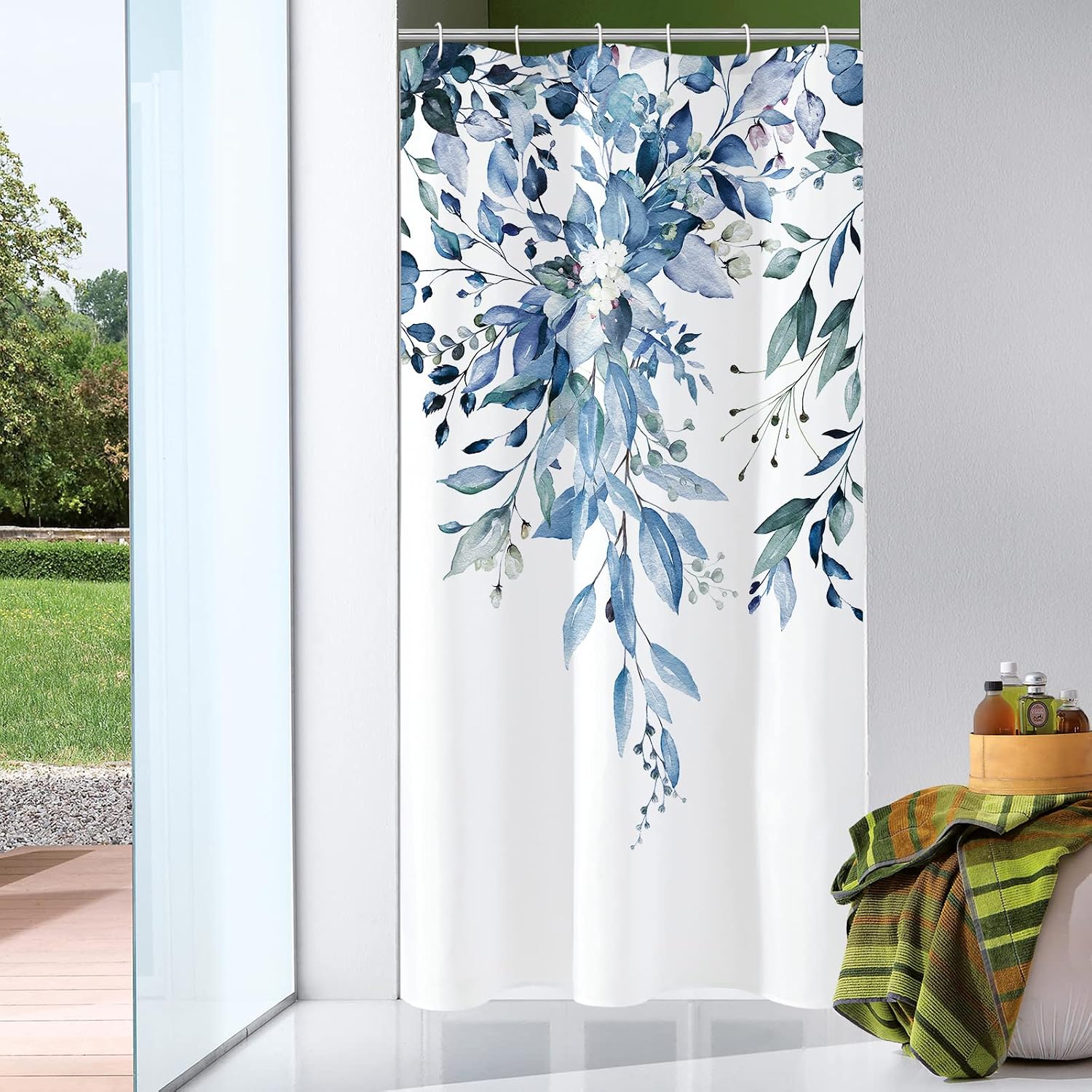 Bathveil Gray Eucalyptus Shower Curtain, Watercolor Plant Floral Design, Gray White, 72 x 72 in
