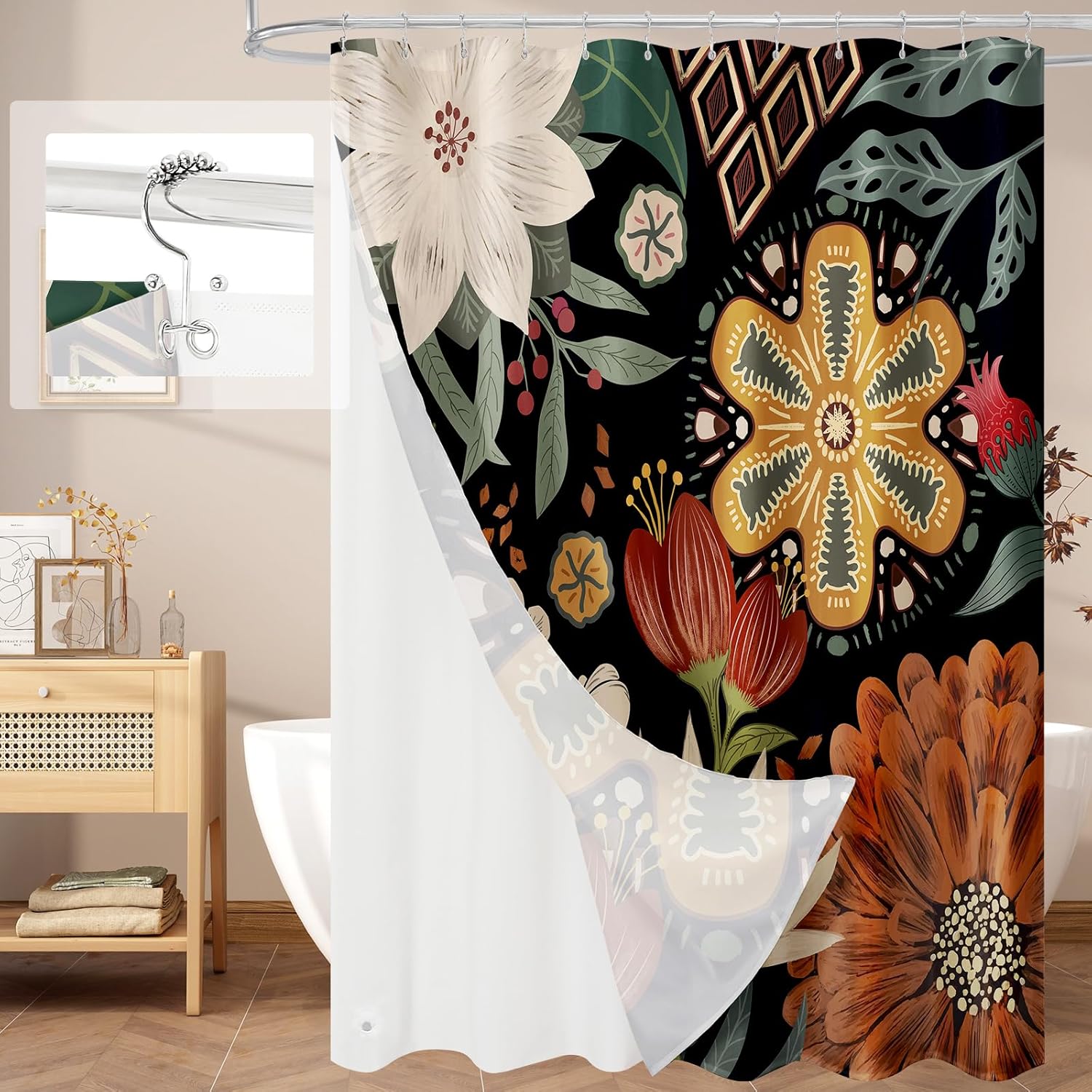 Bathveil Boho Floral Shower Curtain, Colorful Abstract Flower Pattern, 72 x 72 in