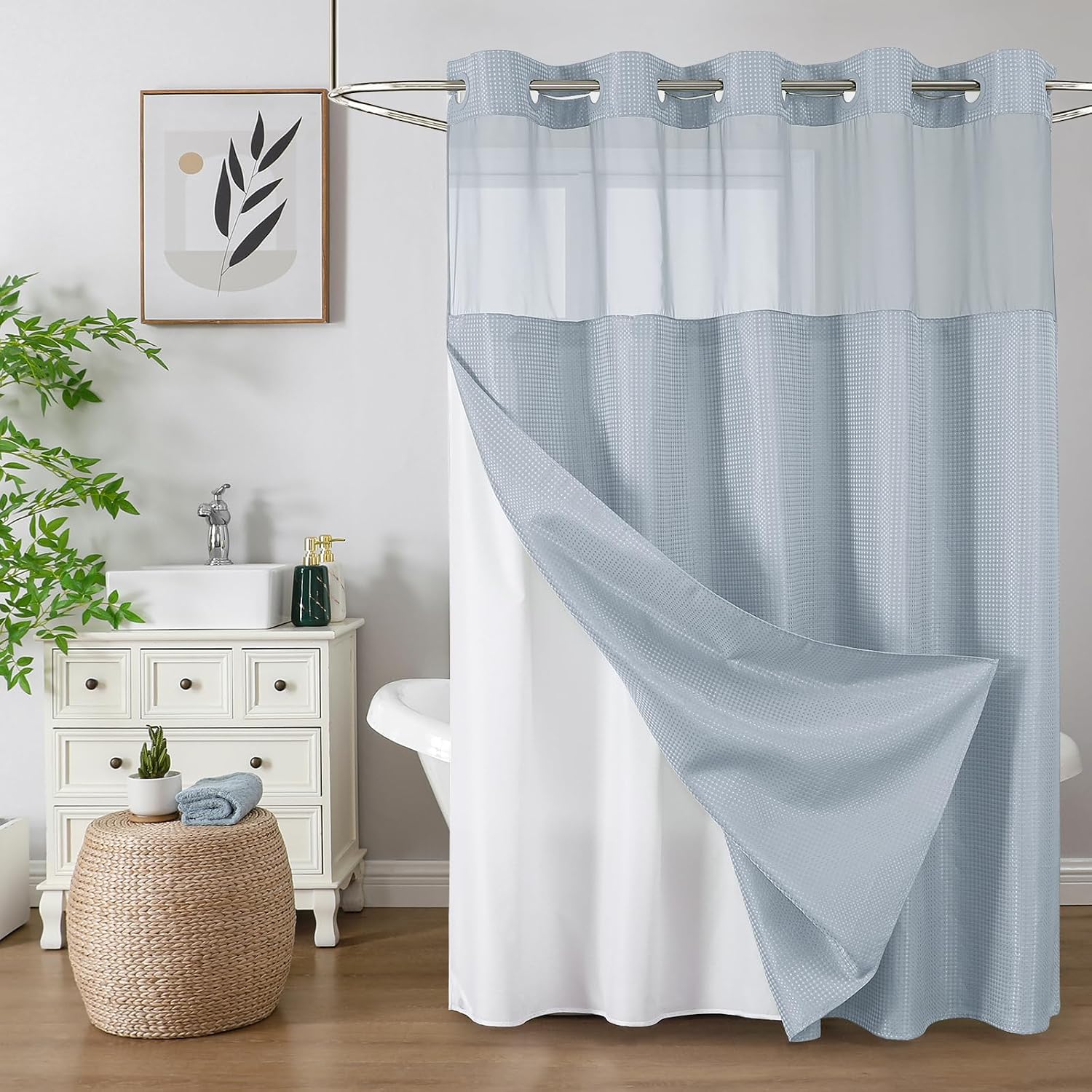 Bathveil No-Hook Shower Curtain Set, Waffle Weave, Mesh Top Window, Waterproof, 72 x 75 in, Sage Green