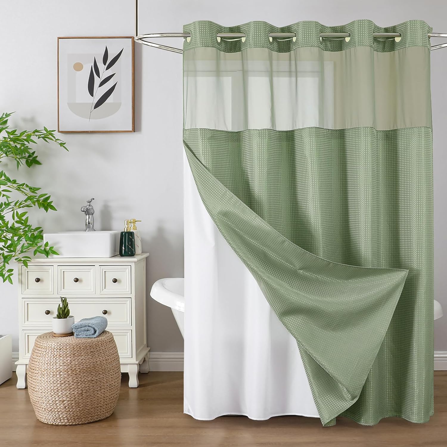 Bathveil No-Hook Shower Curtain Set, Waffle Weave, Mesh Top Window, Waterproof, 72 x 75 in, Sage Green