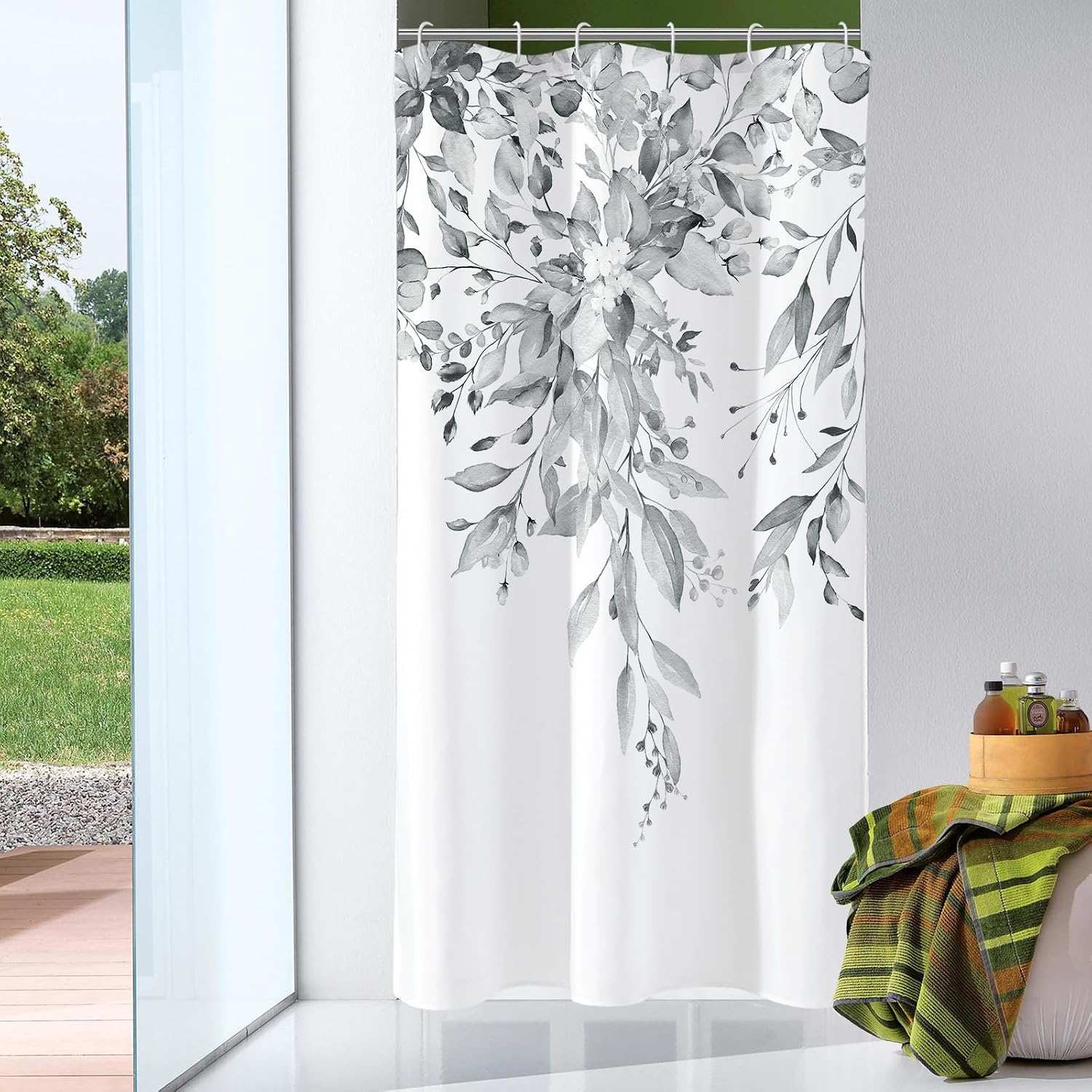 Bathveil Gray Eucalyptus Shower Curtain, Watercolor Plant Floral Design, Gray White, 72 x 72 in