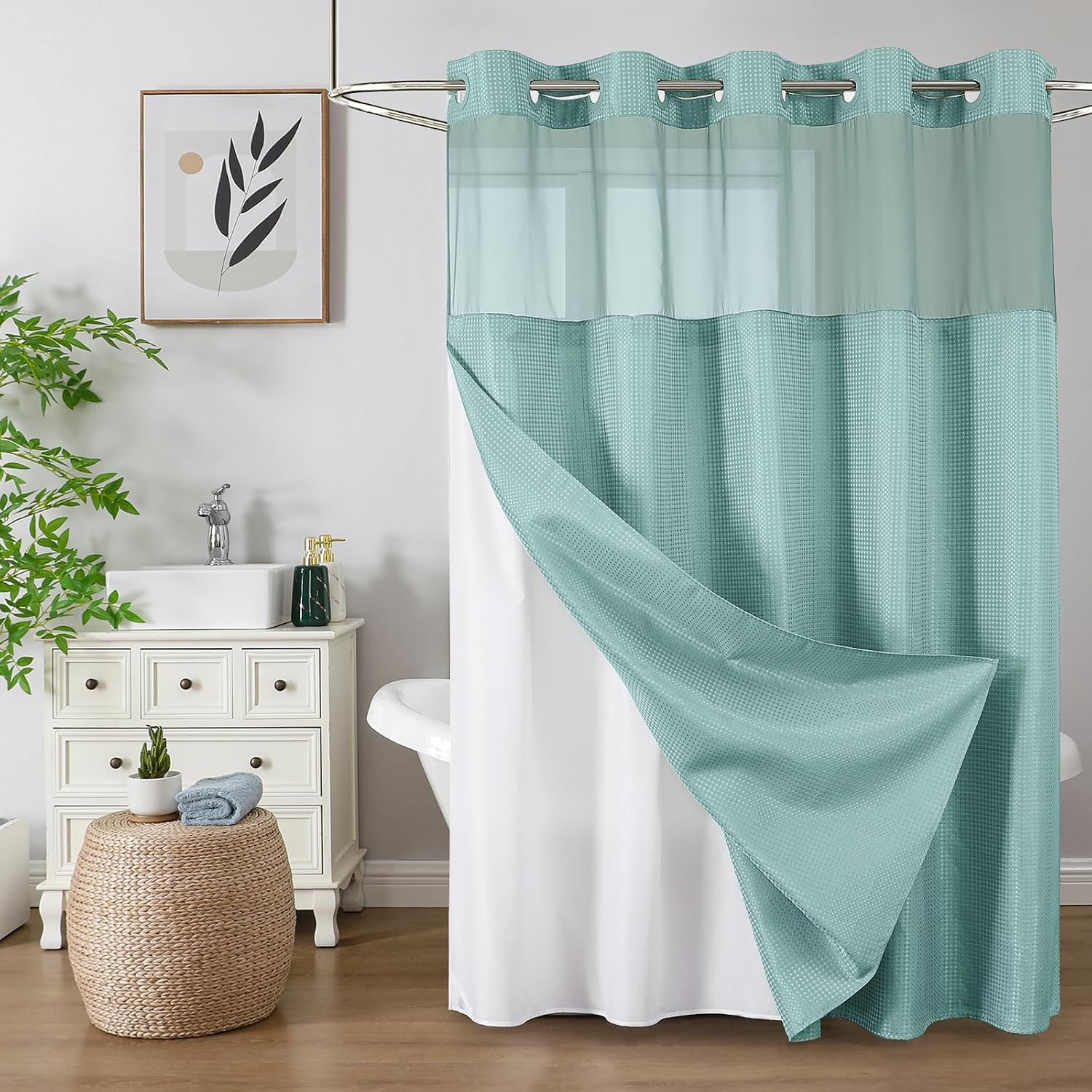 Bathveil No-Hook Shower Curtain Set, Waffle Weave, Mesh Top Window, Waterproof, 72 x 75 in, Sage Green
