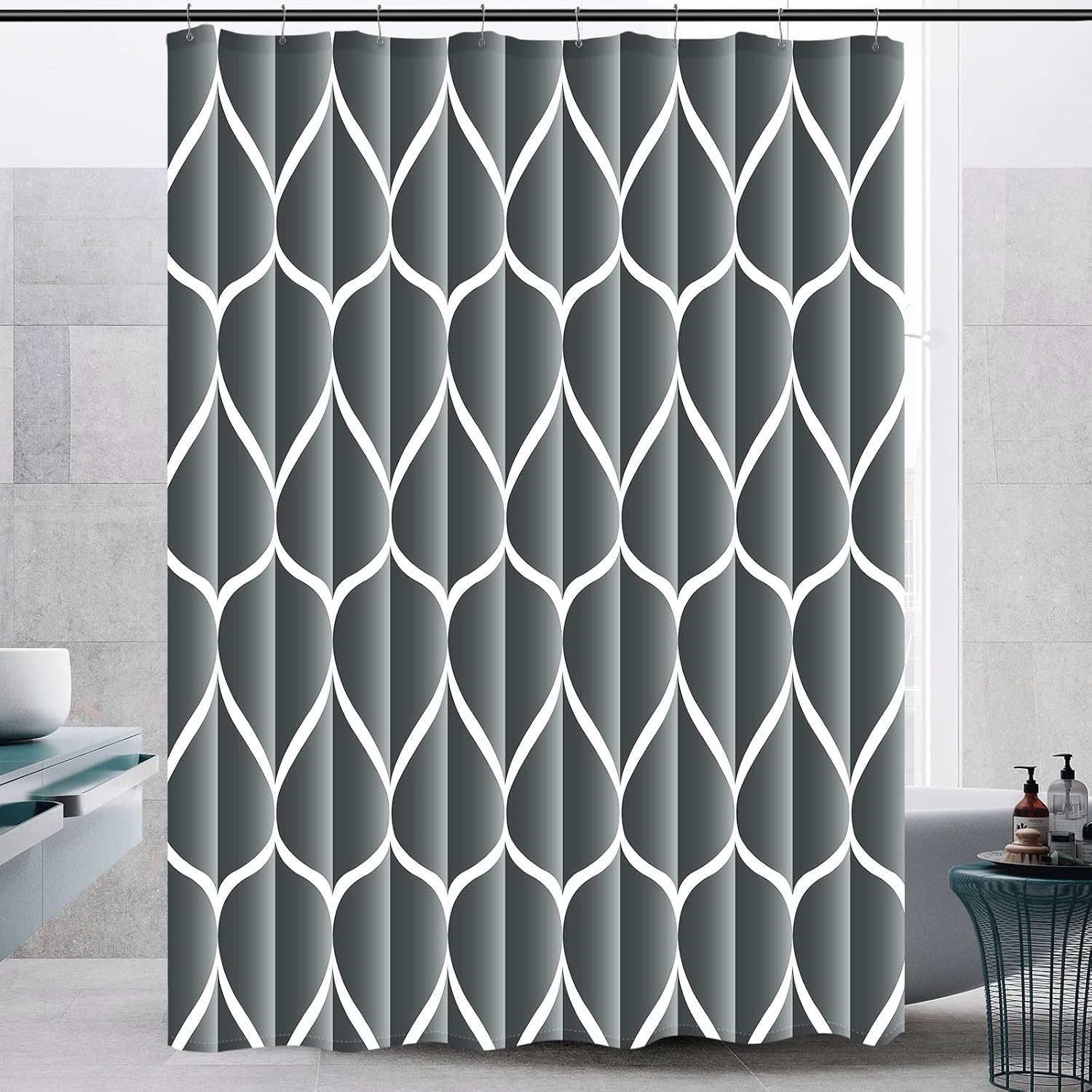 Bathveil Gray Geometric Shower Curtain, Water Repellent, with 12 Hooks, Machine Washable, 72 x 72 in