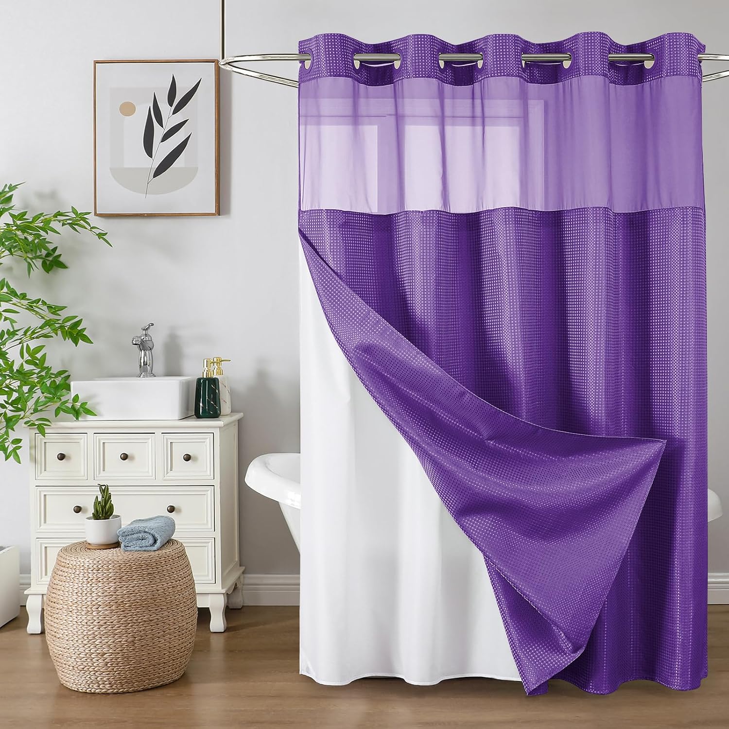 Bathveil No-Hook Shower Curtain Set, Waffle Weave, Mesh Top Window, Waterproof, 72 x 75 in, Sage Green