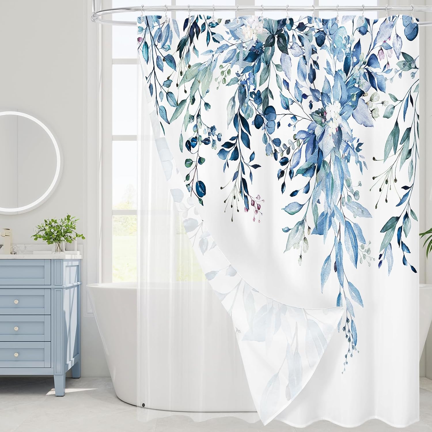 Bathveil Gray Eucalyptus Shower Curtain, Watercolor Plant Floral Design, Gray White, 72 x 72 in