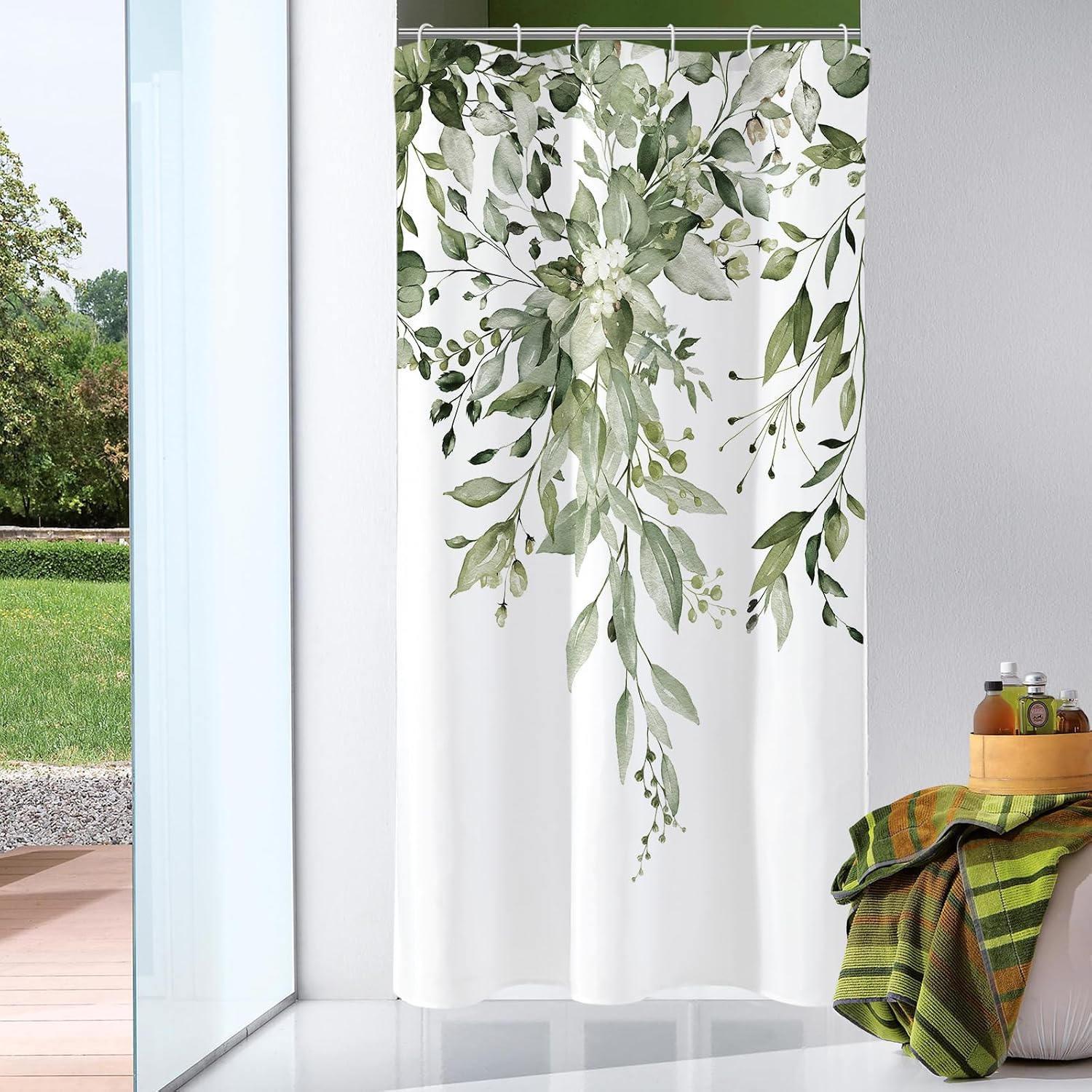 Bathveil Gray Eucalyptus Shower Curtain, Watercolor Plant Floral Design, Gray White, 72 x 72 in