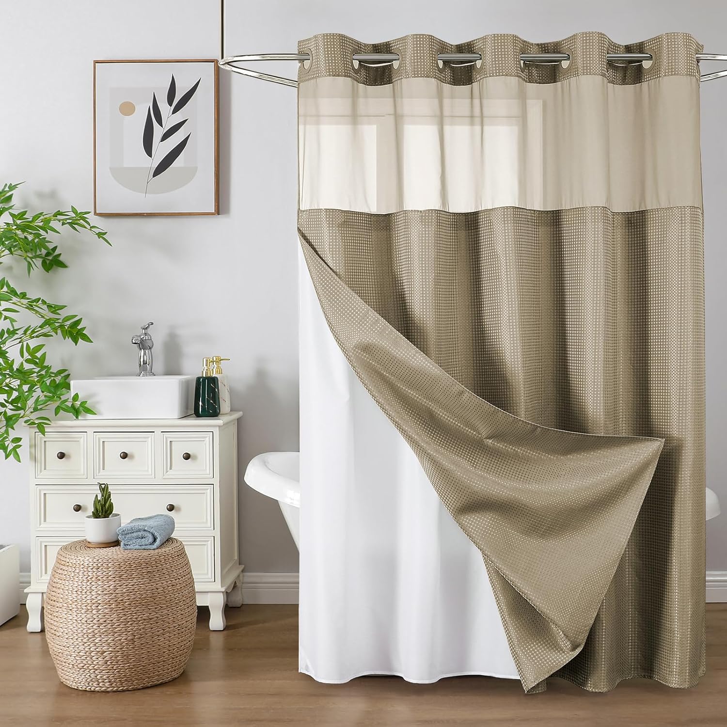 Bathveil No-Hook Shower Curtain Set, Waffle Weave, Mesh Top Window, Waterproof, 72 x 75 in, Sage Green