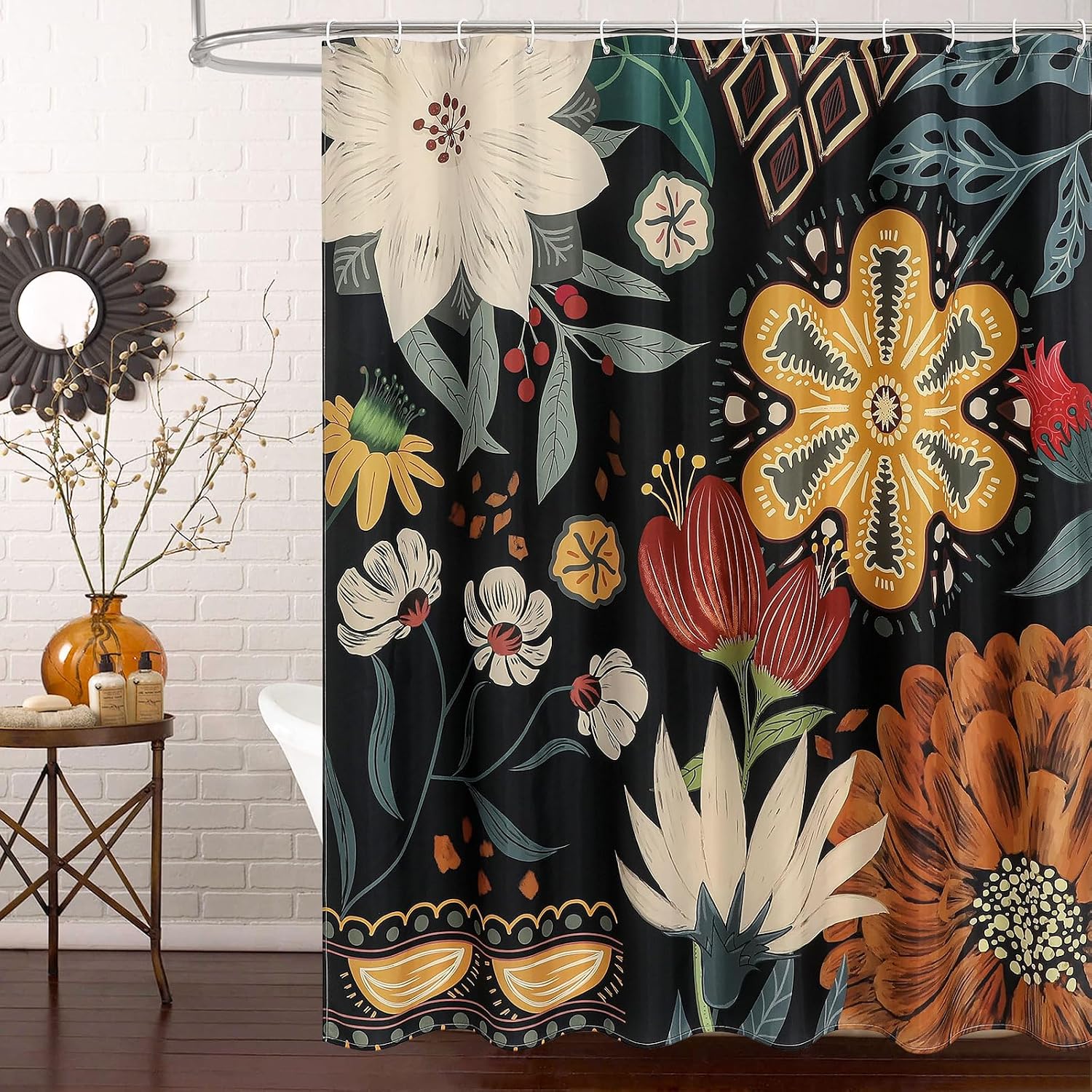 Bathveil Boho Floral Shower Curtain, Colorful Abstract Flower Pattern, 72 x 72 in