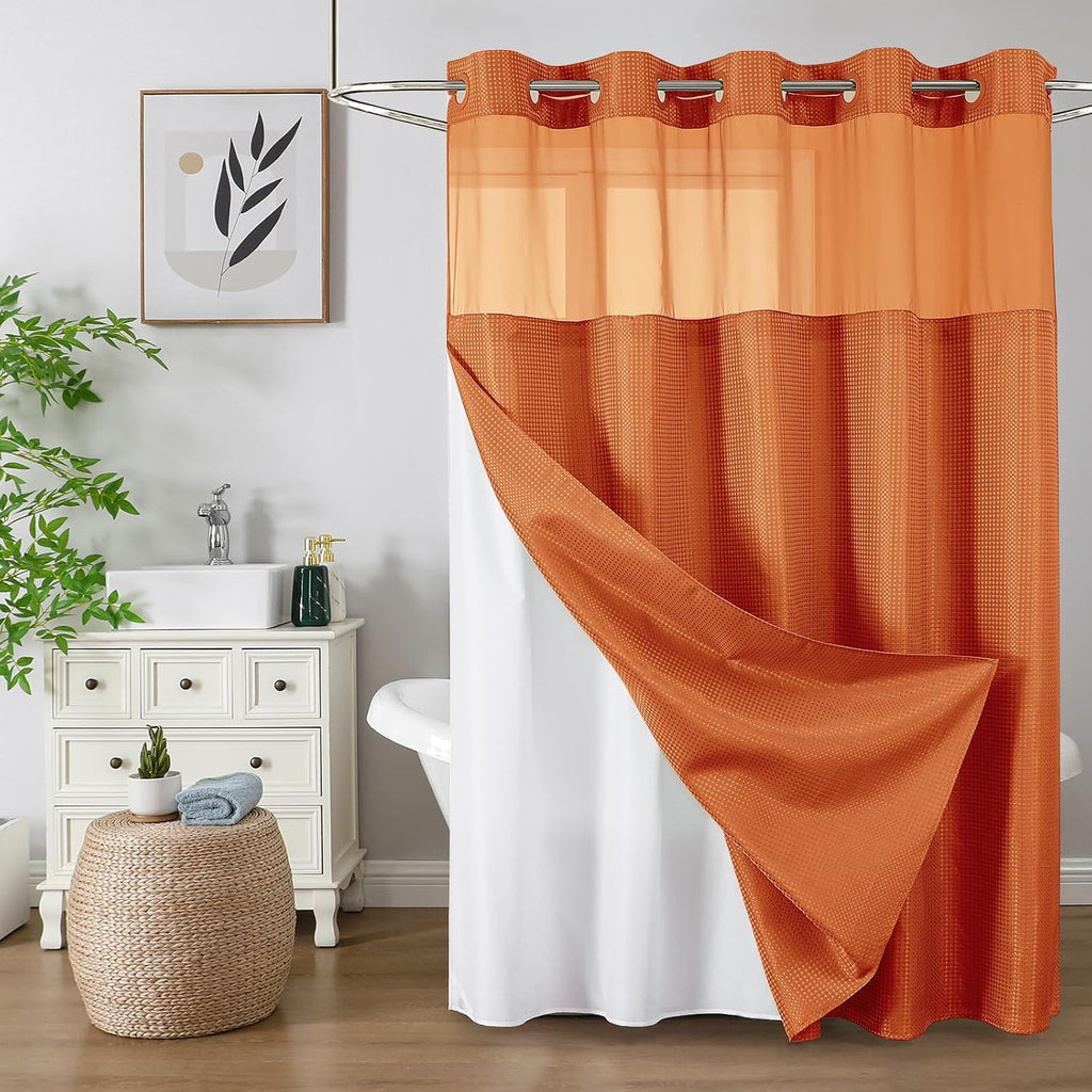 Bathveil No-Hook Shower Curtain Set, Waffle Weave, Mesh Top Window, Waterproof, 72 x 75 in, Sage Green
