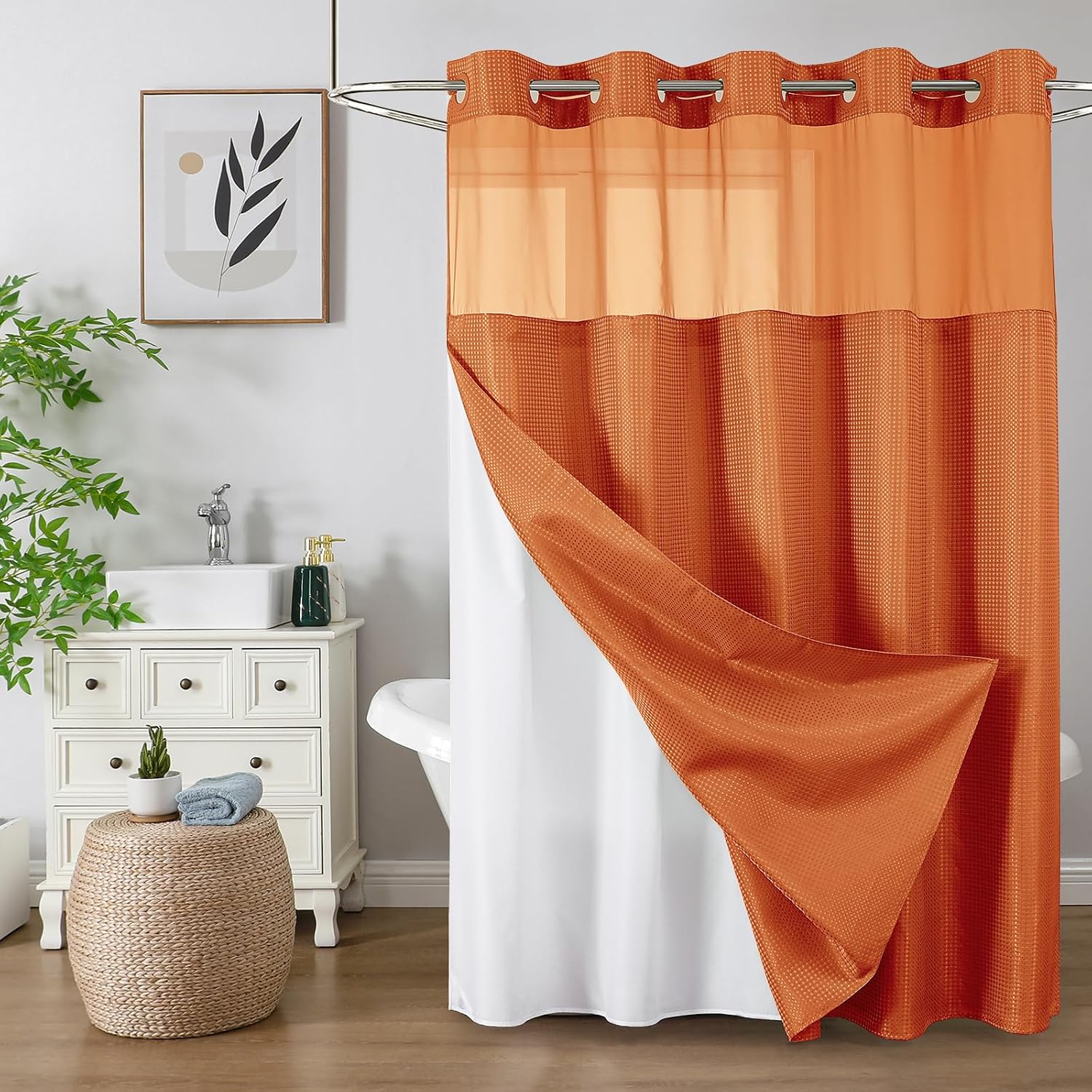 Bathveil No-Hook Shower Curtain Set, Waffle Weave, Mesh Top Window, Waterproof, 72 x 75 in, Sage Green