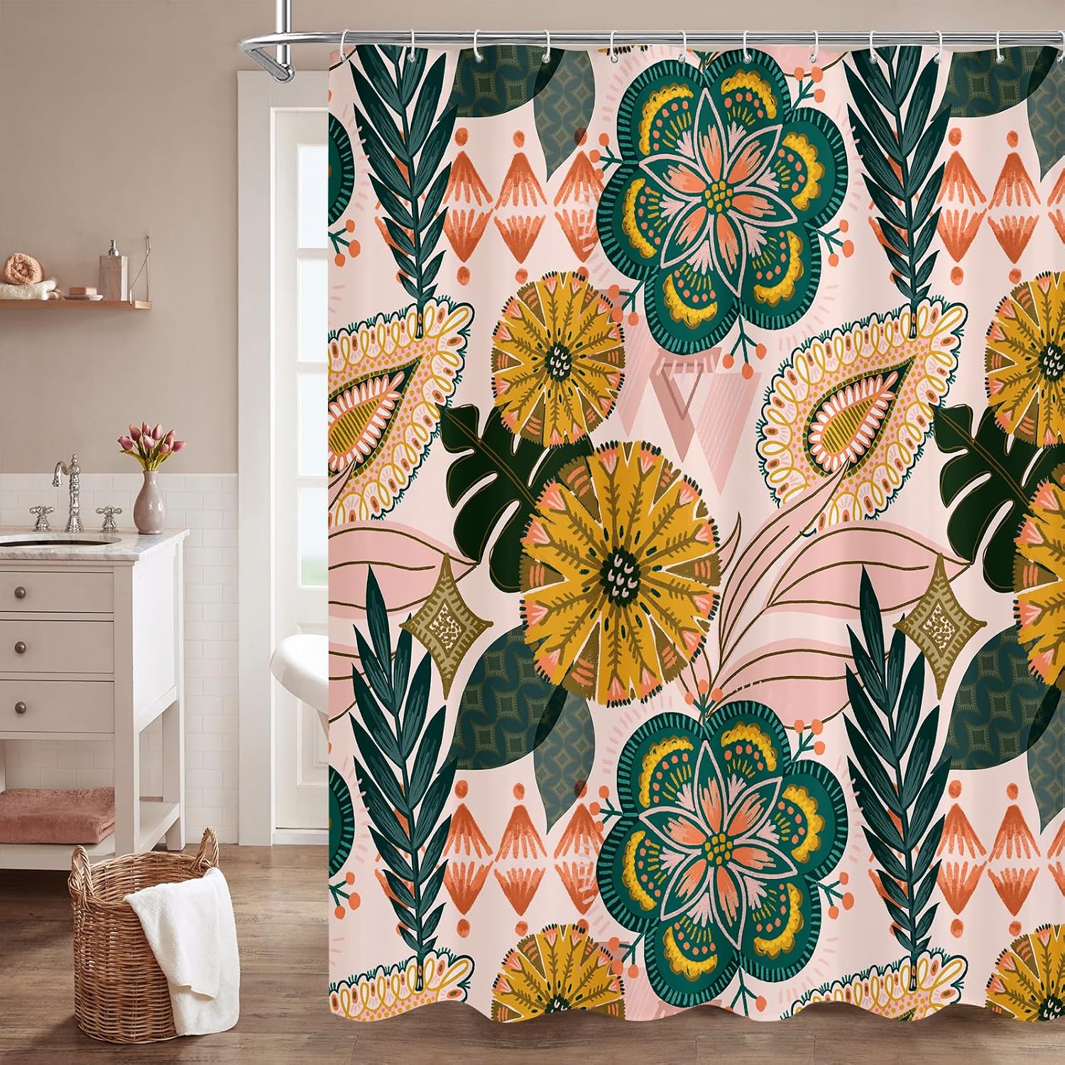 Bathveil Boho Floral Shower Curtain, Colorful Abstract Flower Pattern, 72 x 72 in