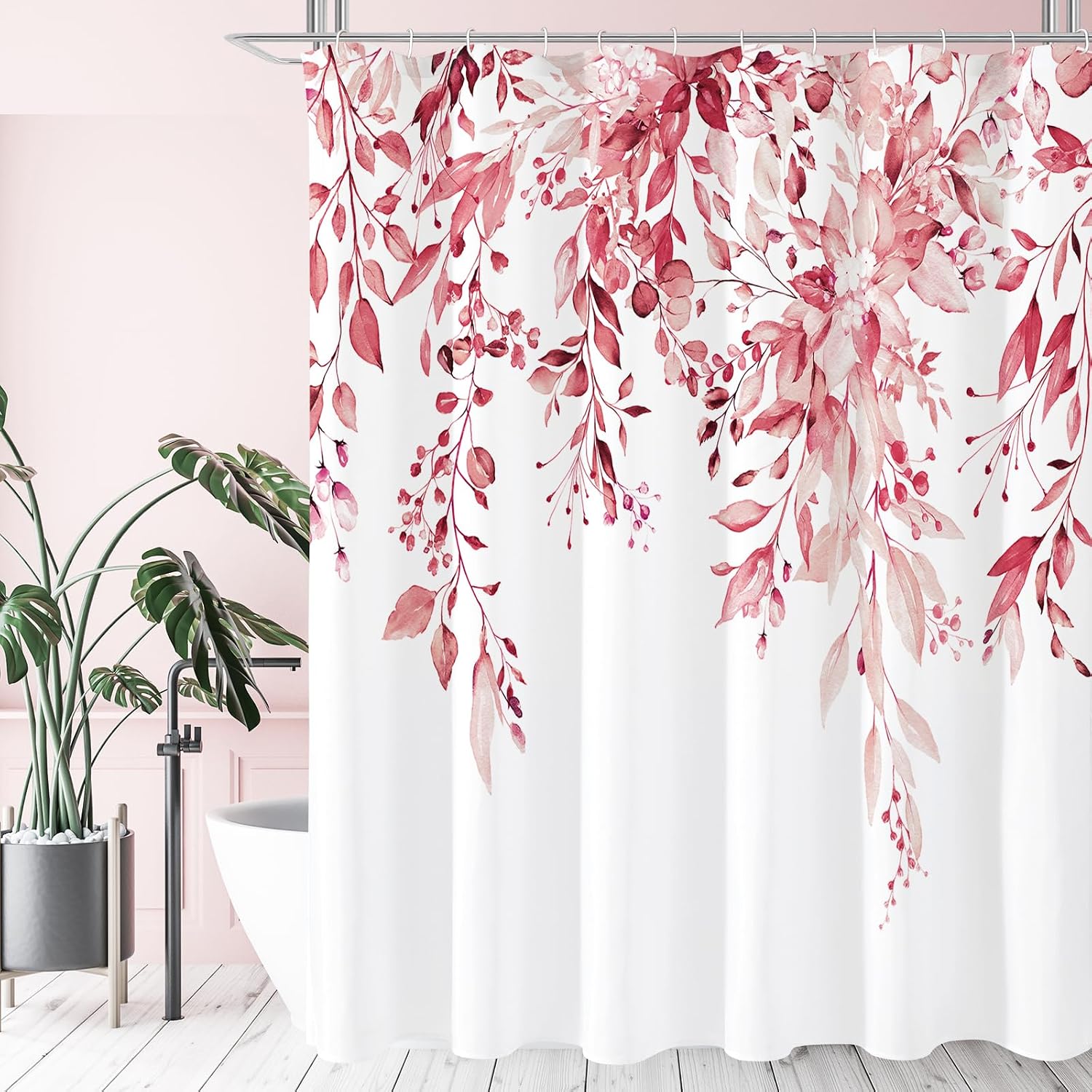 Bathveil Gray Eucalyptus Shower Curtain, Watercolor Plant Floral Design, Gray White, 72 x 72 in